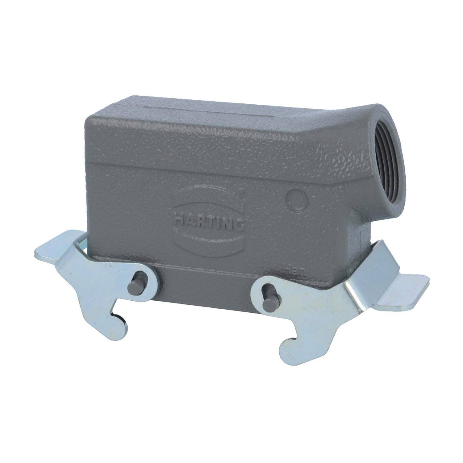 Ein graues Harting-Industriesteckverbindergehäuse mit seitlichem Eingang und metallischen Clips, geeignet für robuste elektrische oder Datenverbindungen.