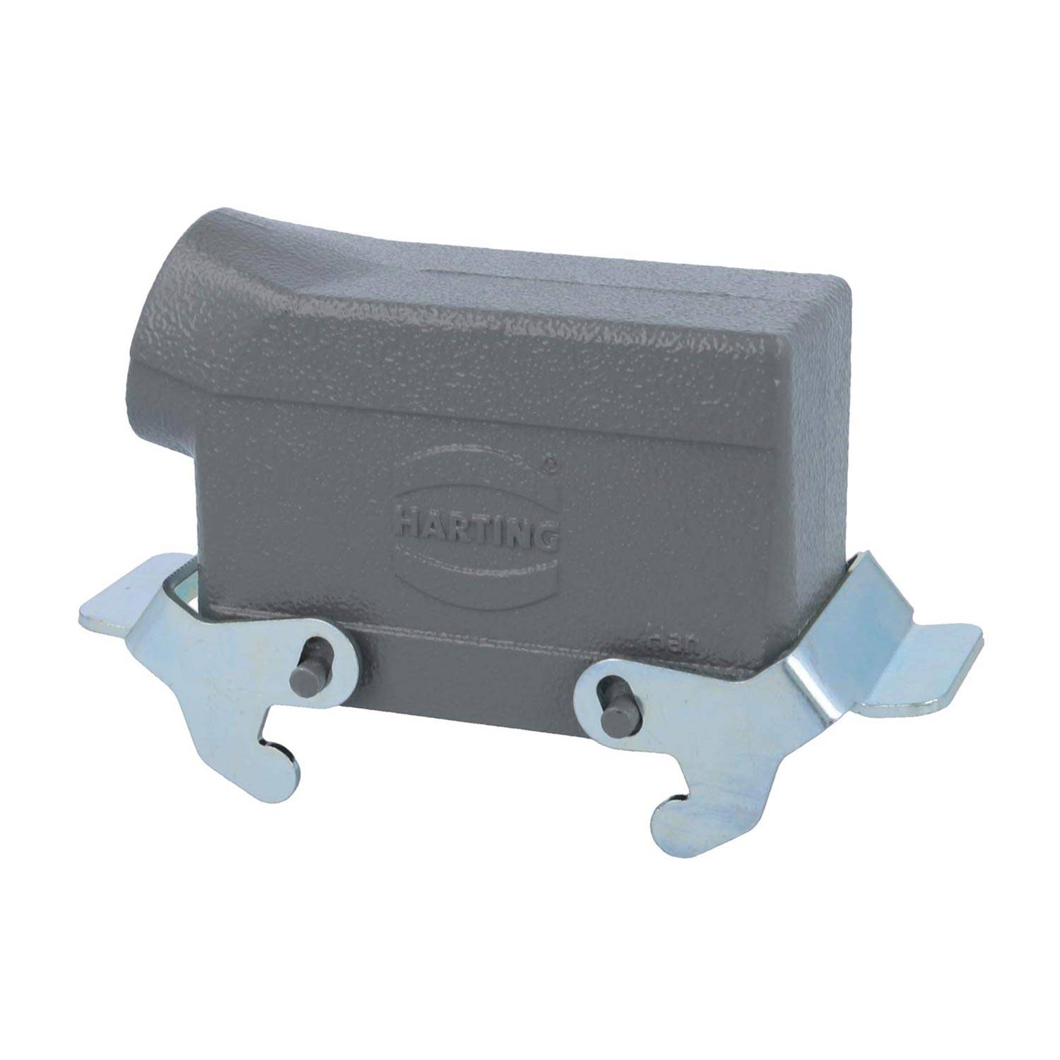 Ein graues Harting-Industriesteckverbindergehäuse mit Metallverriegelungen, entwickelt für sichere elektrische Verbindungen in industriellen Umgebungen.