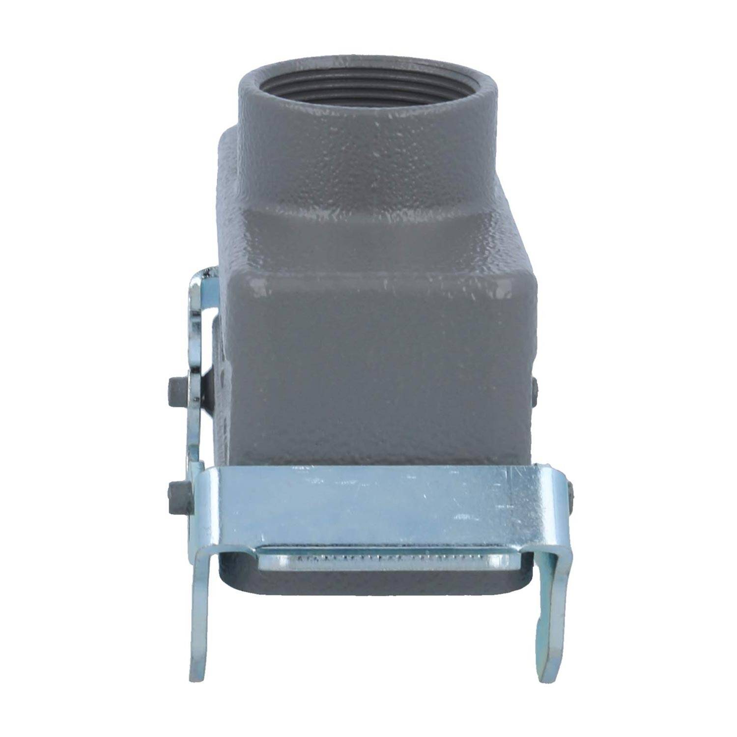 Graues Metallgehäuse für industrielle Verbinder mit einem Sicherungsclip, der an der Unterseite befestigt ist.