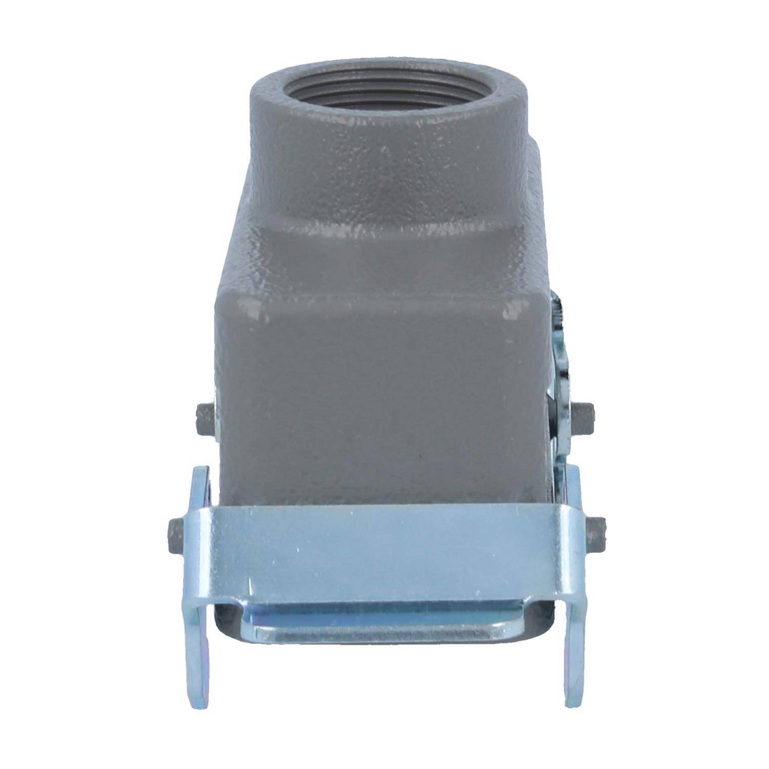 Ein grau-industrielles Anschlussgehäuse mit einem Metallriegel wird von der Vorderansicht gezeigt.