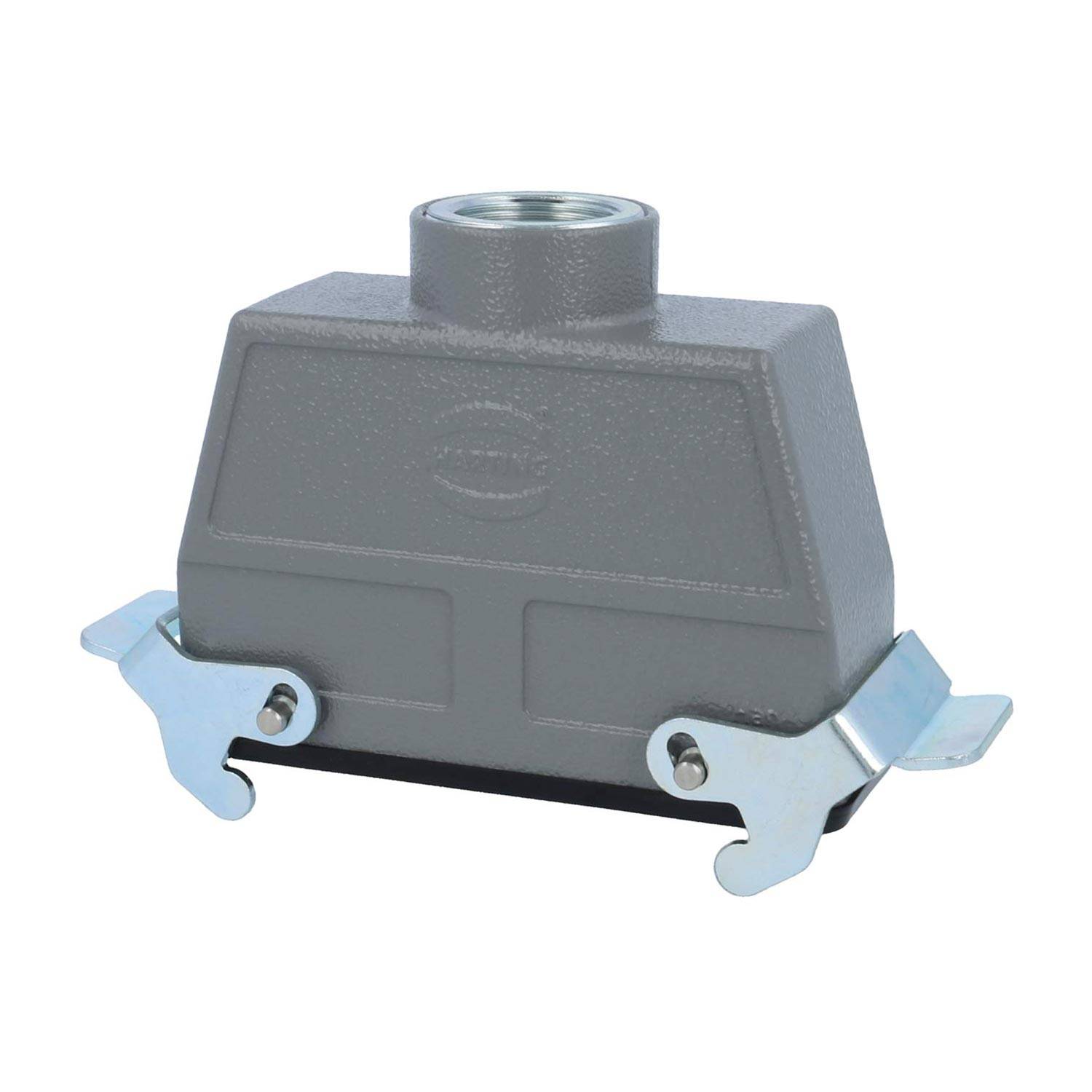 Eine graue rechteckige industrielle Anschlusshaube mit zwei Metallverriegelungen an den Seiten.