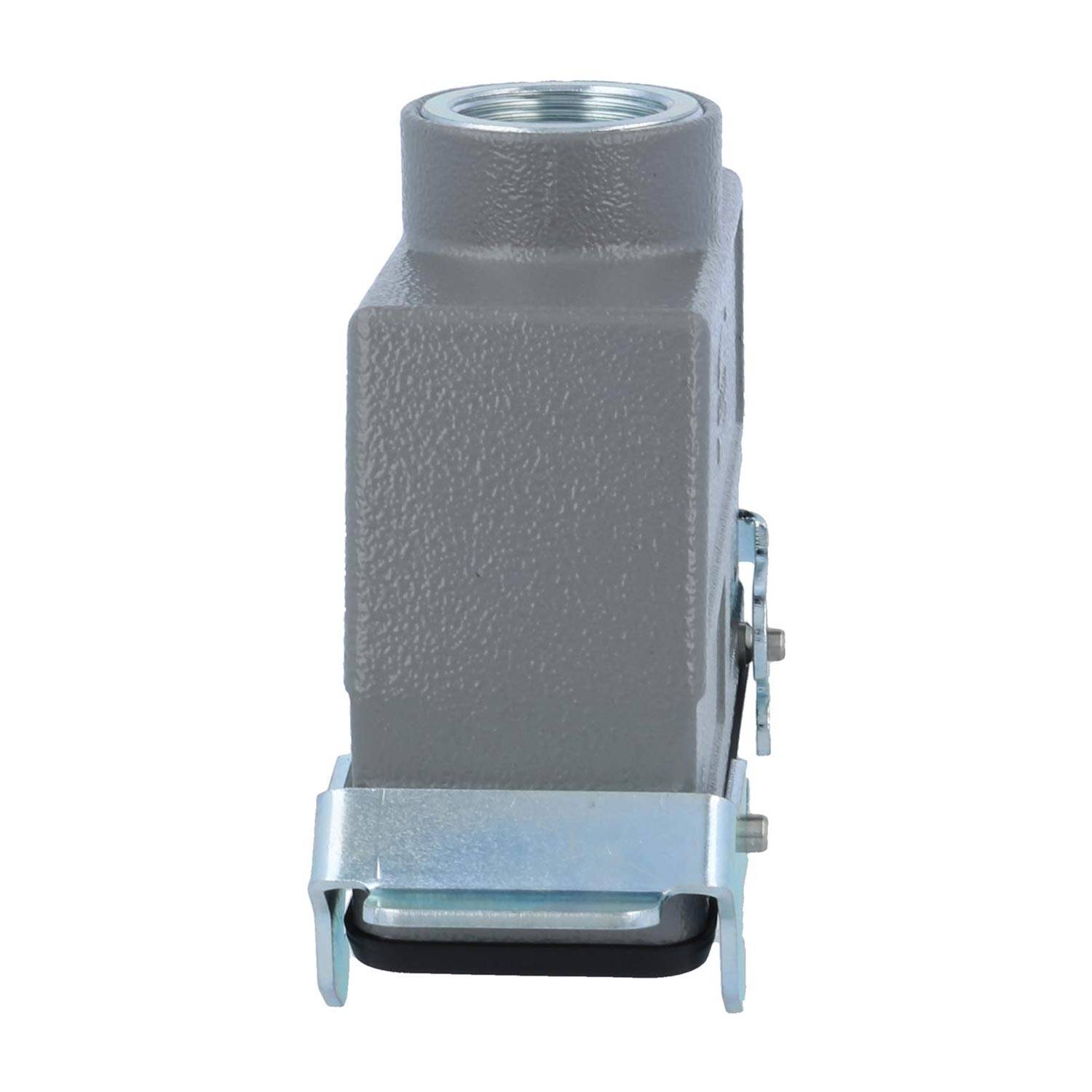 Elektrische Metallleitungsdose mit einer Gewinde-Öffnung am oberen Ende und einem Metallclip an der Seite für eine sichere Befestigung.