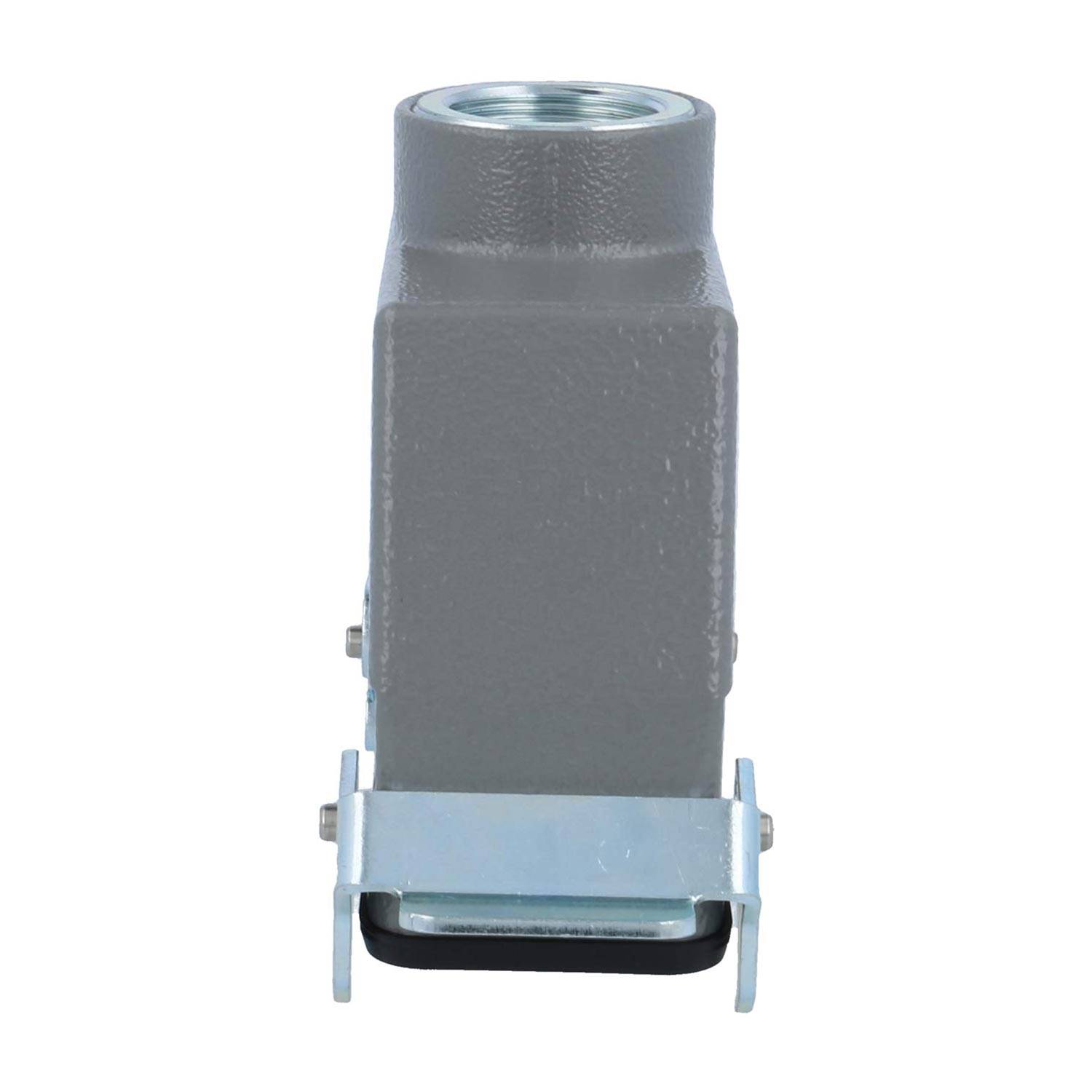 Ein grau-industrielles Verbindungsgehäuse mit einer Metallbasis und Schrauben wird von der Frontansicht gezeigt.