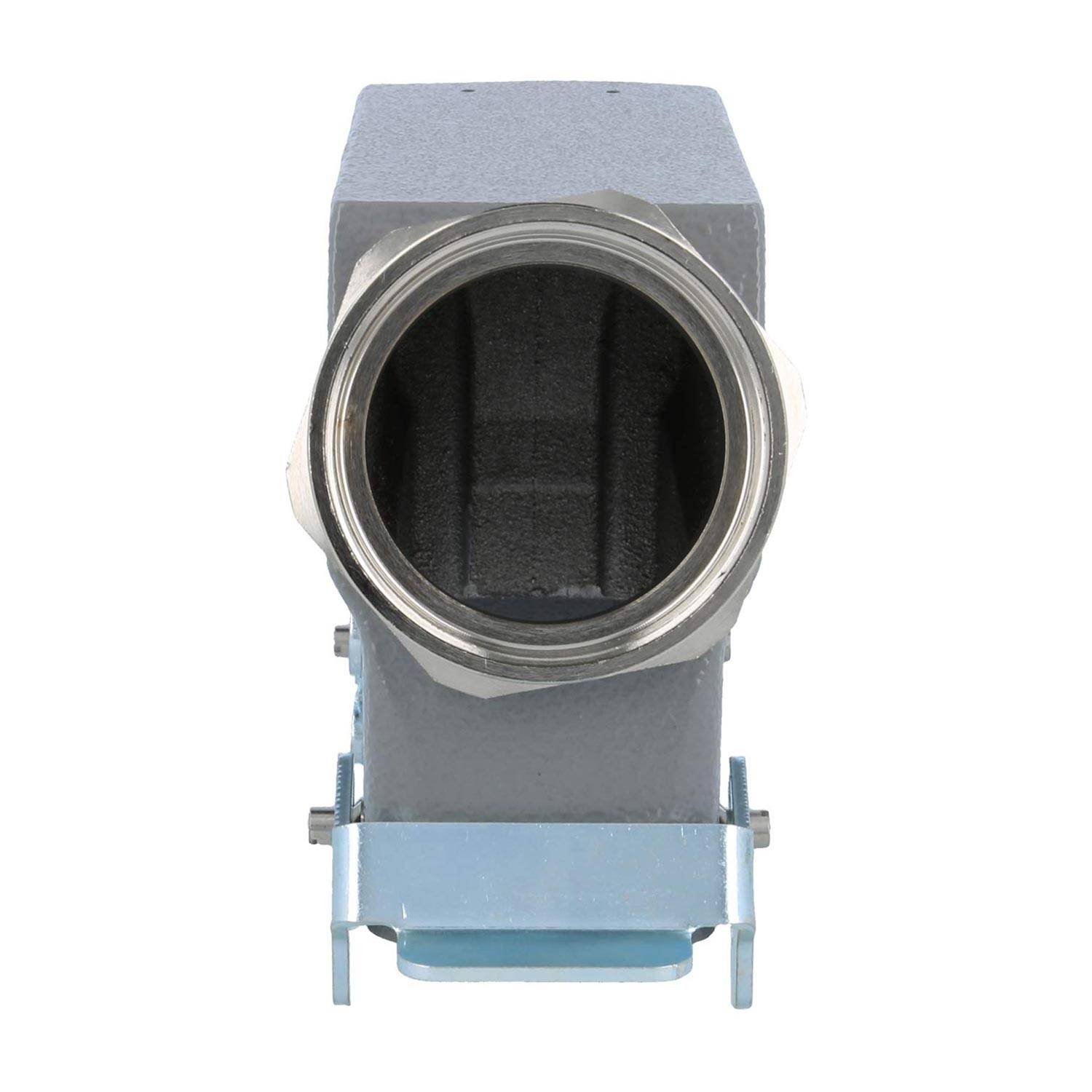 Ein industrielles Metallgehäuse für Verbinder mit einer zylindrischen Öffnung, geeignet für elektrische oder mechanische Anwendungen und Installationen.