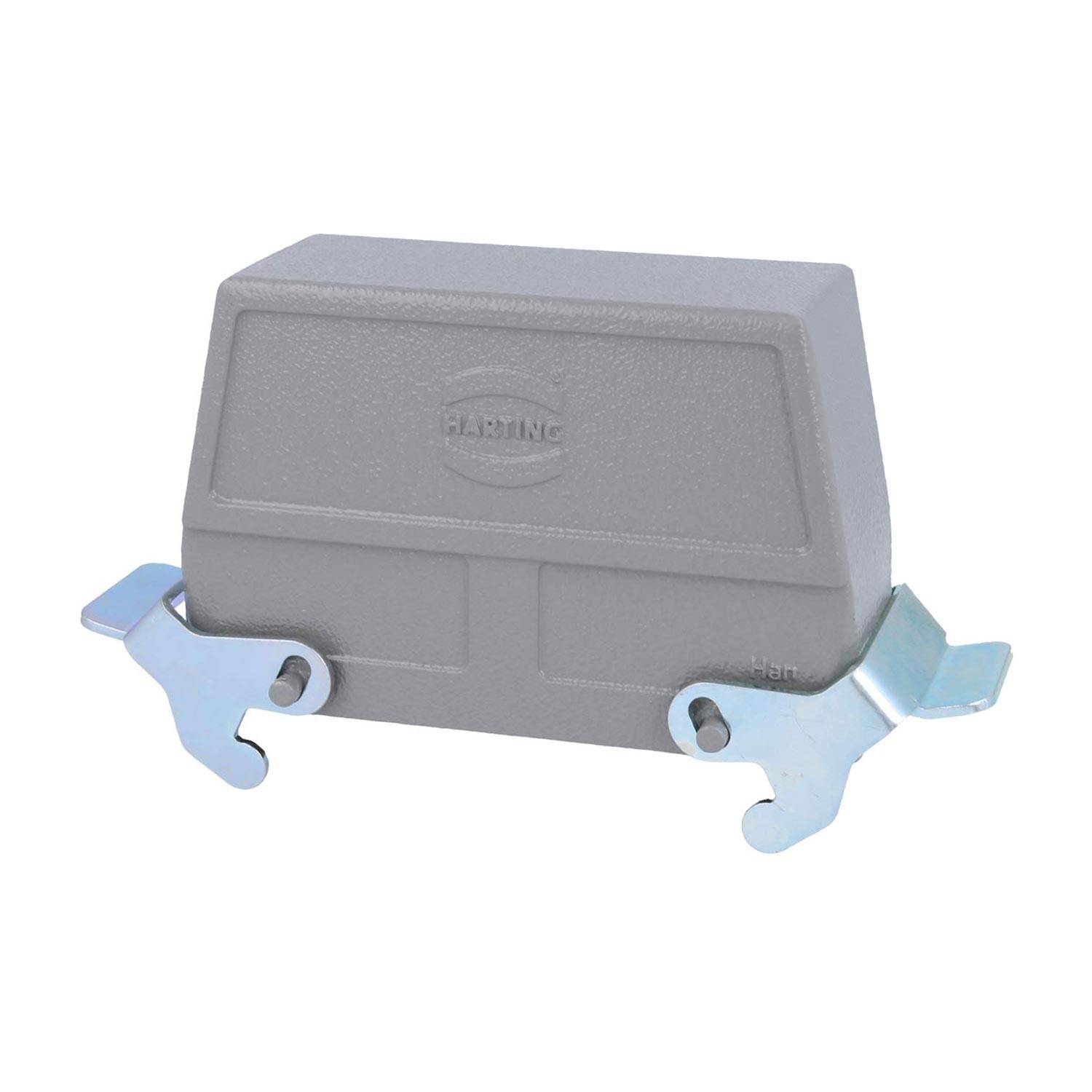 Ein grauer, rechteckiger elektrischer Schaltschrank mit Metallmontagehalterungen an jeder Seite, versehen mit einem blassen Logo auf seiner Vorderseite.