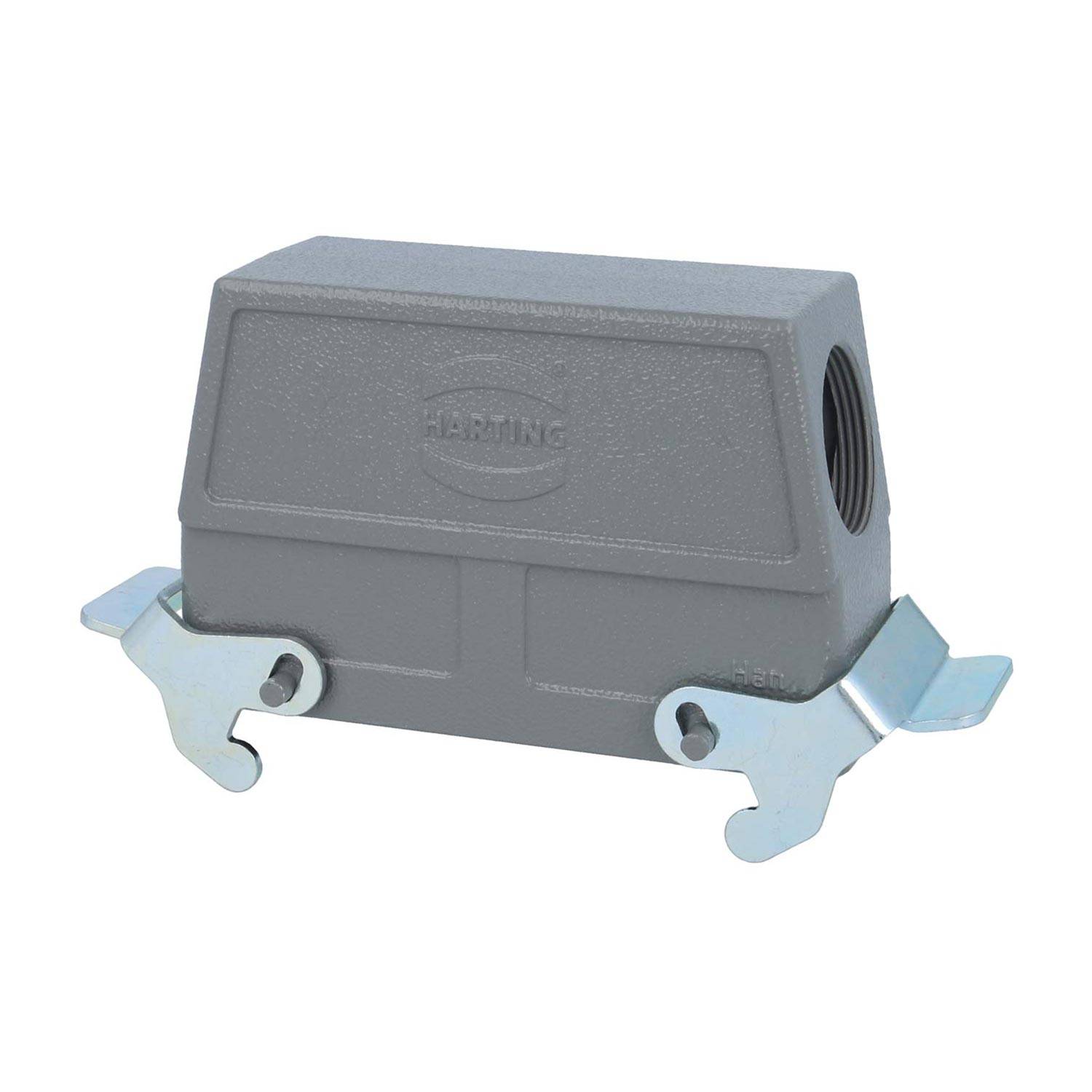 Ein grau-industrielles Verbindungsgehäuse mit rechteckiger Form und einem Logo an der Seite, ausgestattet mit zwei seitlichen Metallverriegelungen für eine sichere Befestigung.