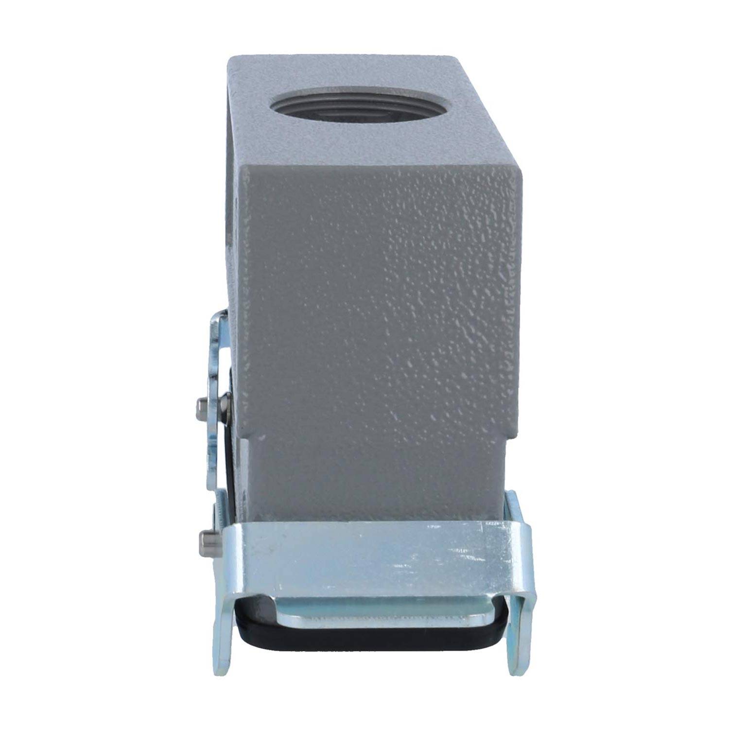 Ein grauer industrieller Metallblock mit einem Gewindebohrloch, auf einem Halter montiert, typisch für Maschinen- oder Rohrleitungsunterstützungsanwendungen.