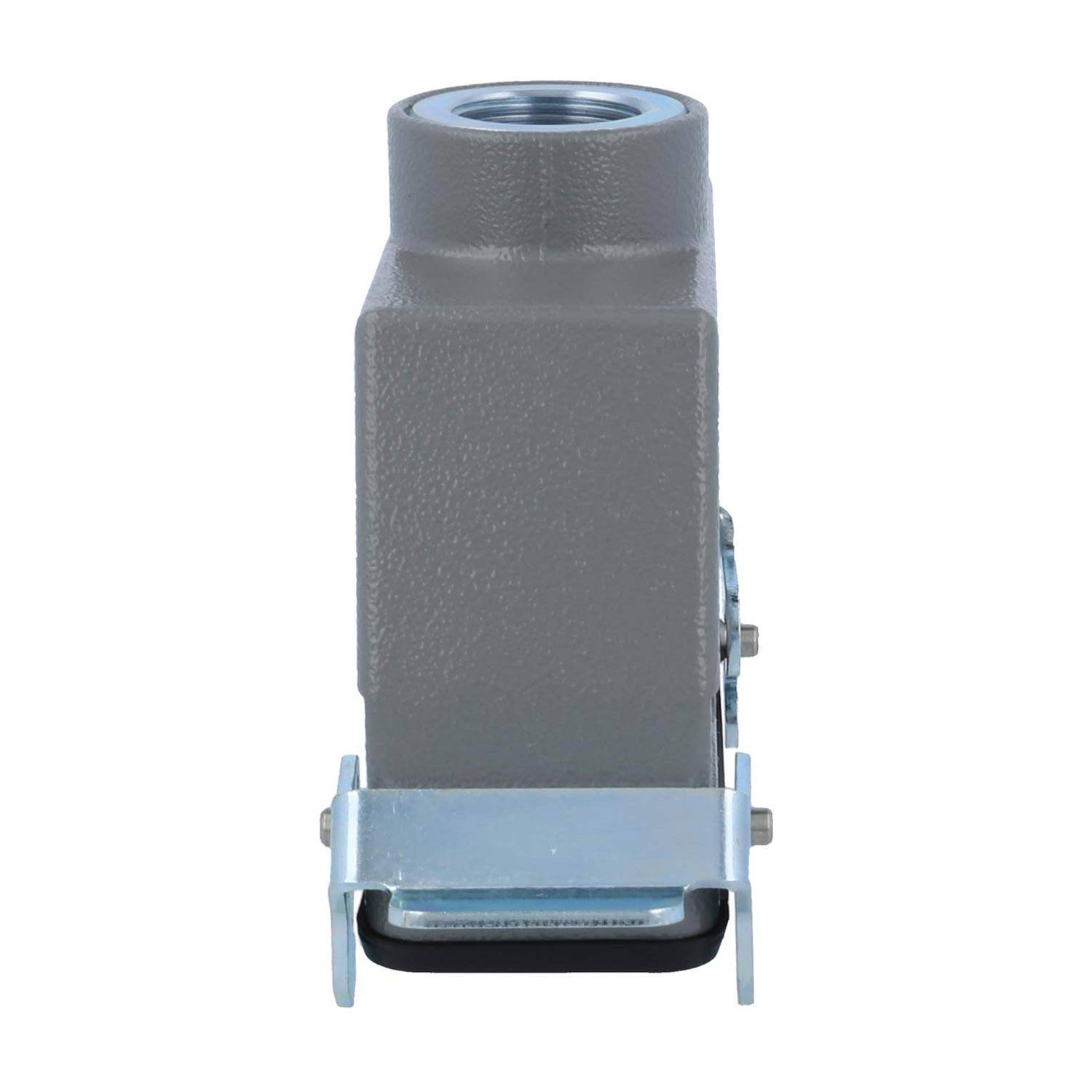 Ein rechteckiges graues Metallgehäuse mit einer Gewindebohrung an der Oberseite und einem Metalllatch an der Unterseite, zum Sichern ausgelegt.