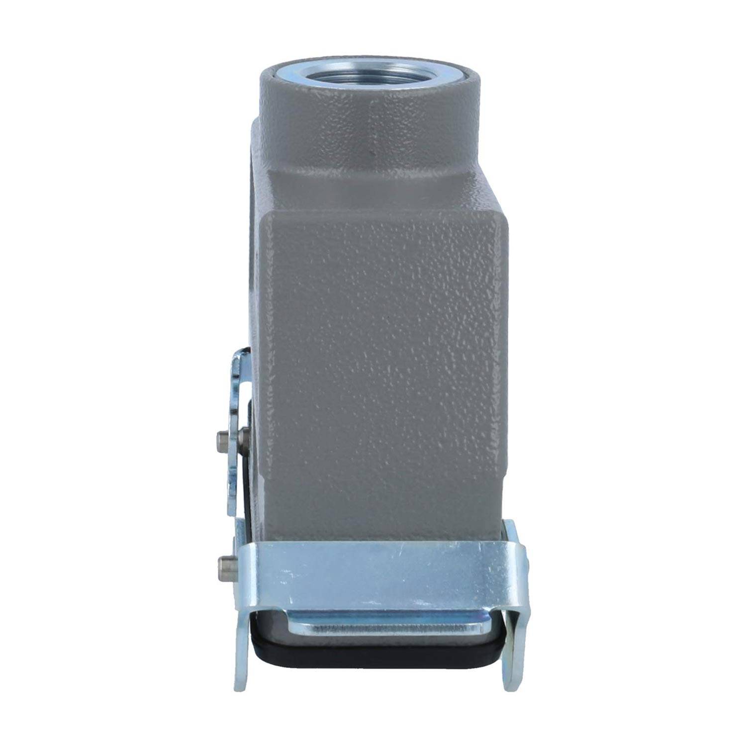 Ein robustes industrielles Anschlussgehäuse, quadratisch mit einer Öffnung oben, metallischen Clips an der Basis und einer strukturierten grauen Oberfläche.