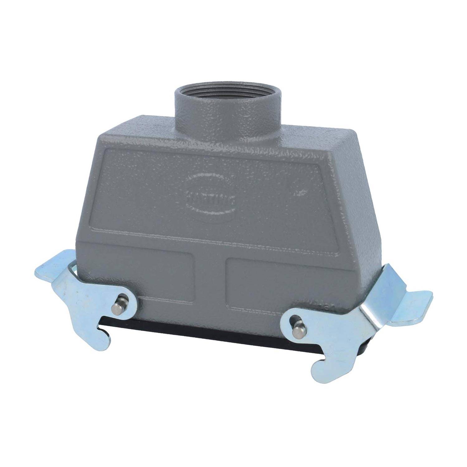 Industriegraues Anschlussgehäuse mit seitlichen Metallklammern zur Befestigung.