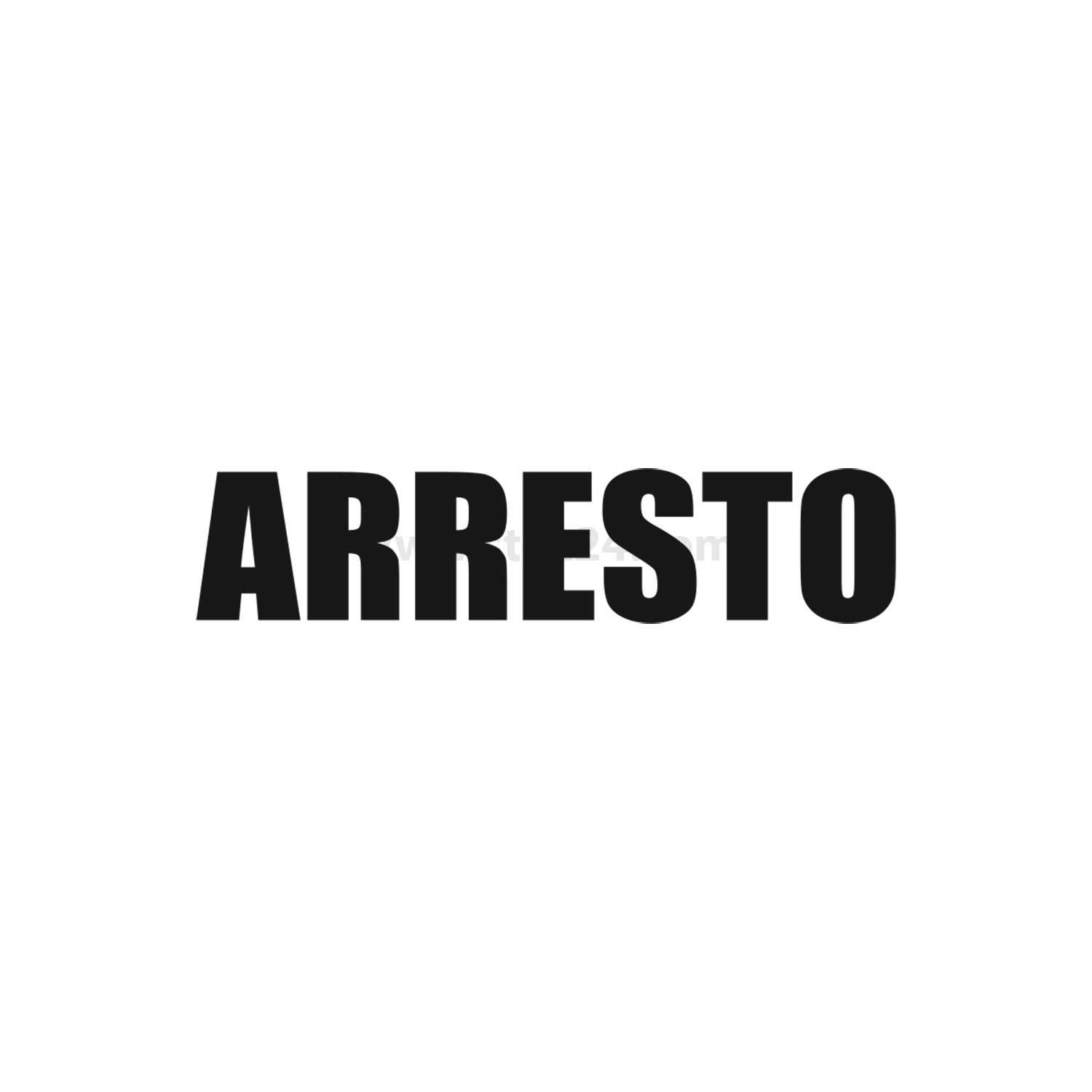 Arresto' in fetten schwarzen Buchstaben zentriert auf einem schlichten weißen Hintergrund.