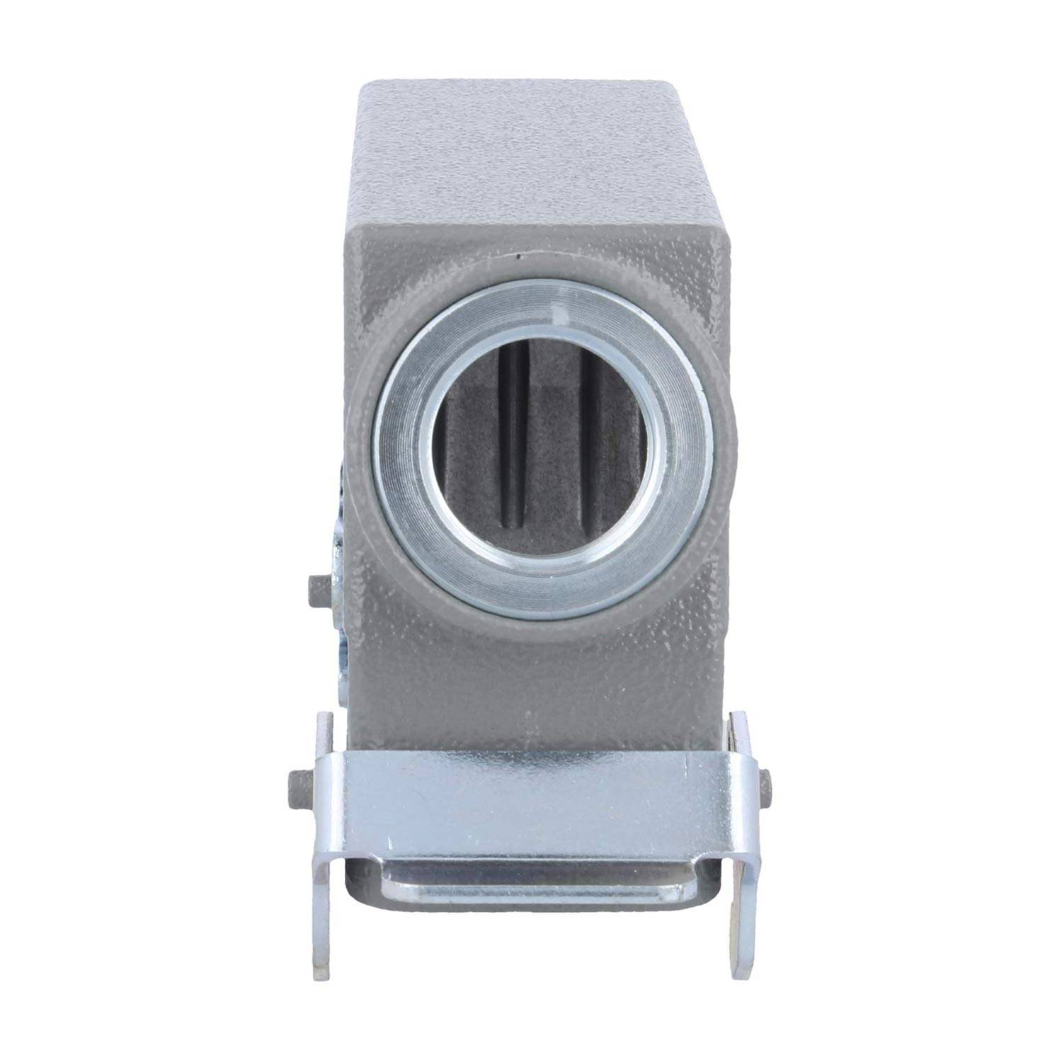 Ein grauer, rechteckiger, strukturierter Metallgehäuse mit einer kreisförmigen Öffnung in der Mitte, montiert auf einem Metallhalter.