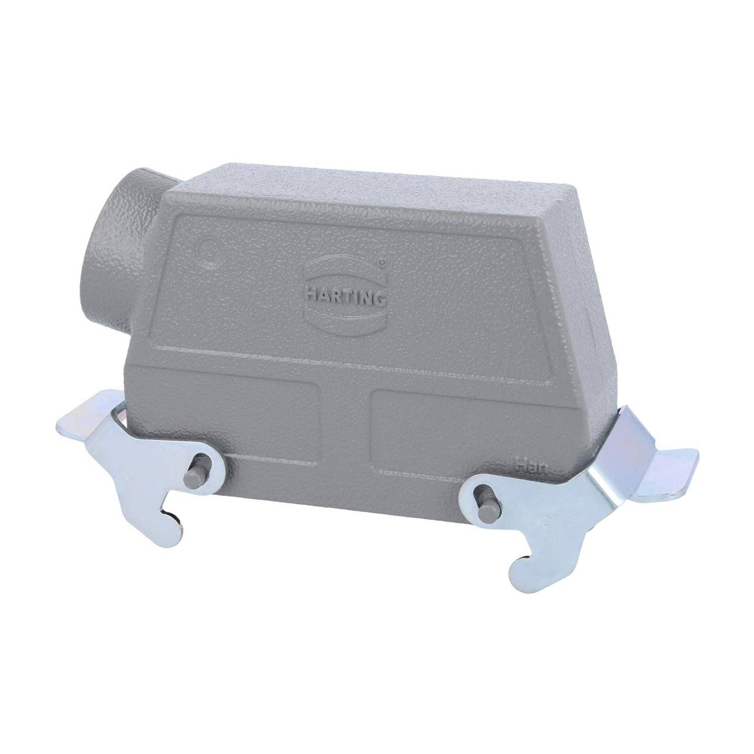 Ein grau-industrielles Anschlussgehäuse mit Metallverriegelungen, seitlich mit dem 'HARTING'-Logo geprägt, verwendet für robuste elektrische Verbindungen.