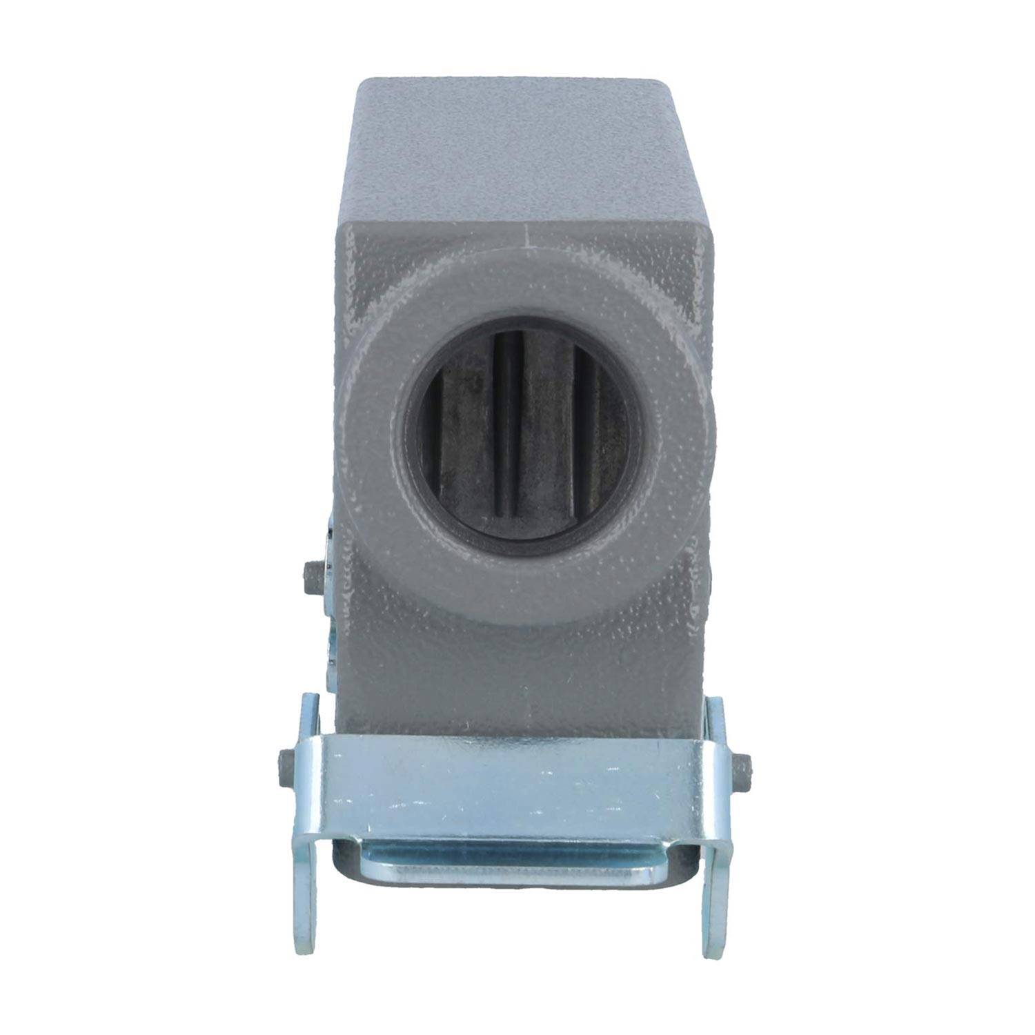 Eine graue industrielle Halterung mit einer kreisförmigen Öffnung an der Vorderseite, montiert auf einer metallischen Basis, vorgesehen für strukturelle Unterstützung oder Verbindung.