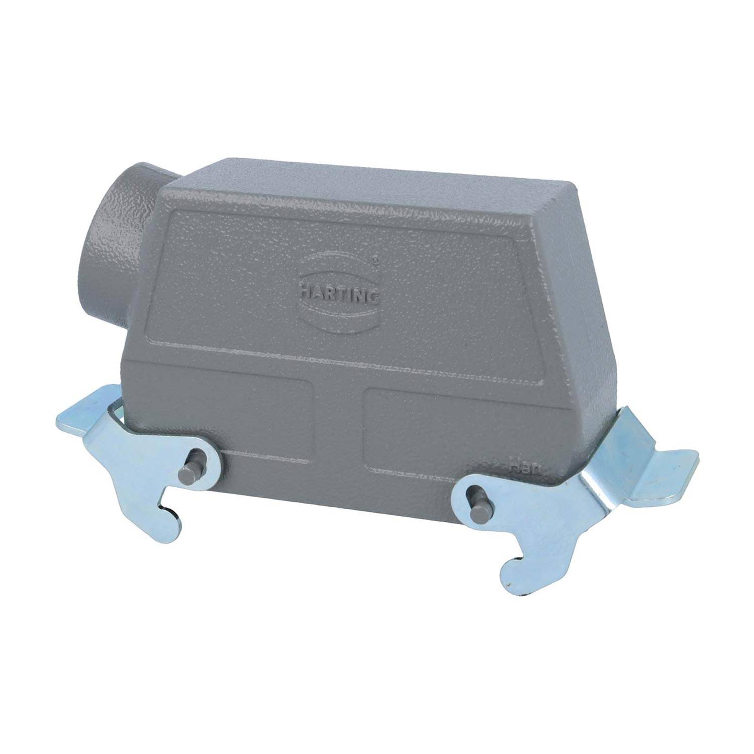 Eine graue Harting-Industrieconnector-Haube mit Metallverriegelungshebeln, konzipiert für sichere Kabelverbindungen in elektrischen Systemen.