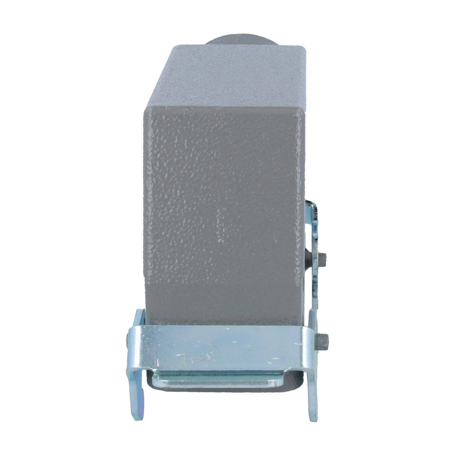 „Eine graue, kastenförmige elektrische Komponente, die an einer Metallhalterung befestigt ist und von der Seite betrachtet wird.