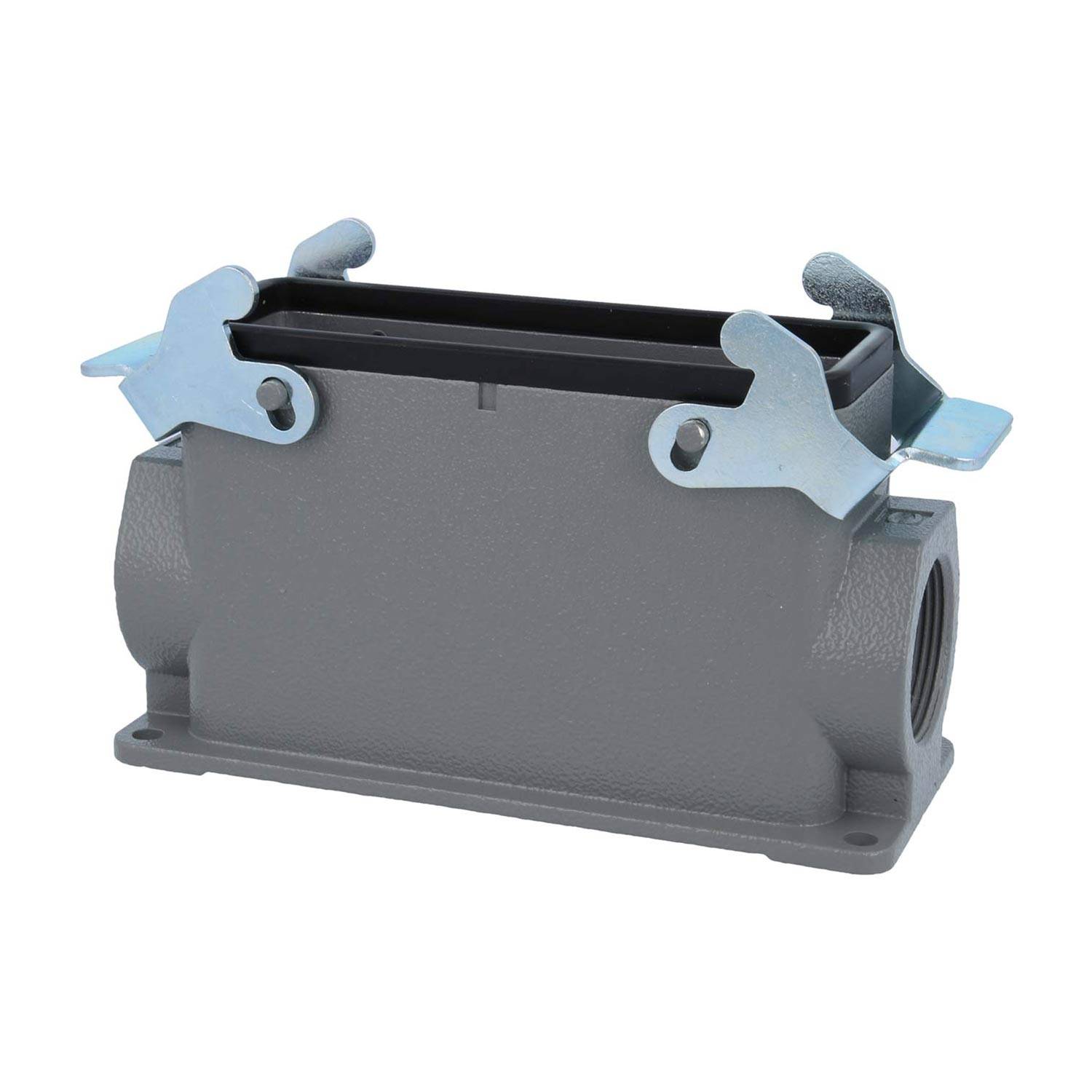 Ein grauer, rechteckiger industrieller Anschlussgehäuse mit zwei Metalllaschen an der Oberseite zum Sichern von Verbindungen, vor einem weißen Hintergrund abgebildet.