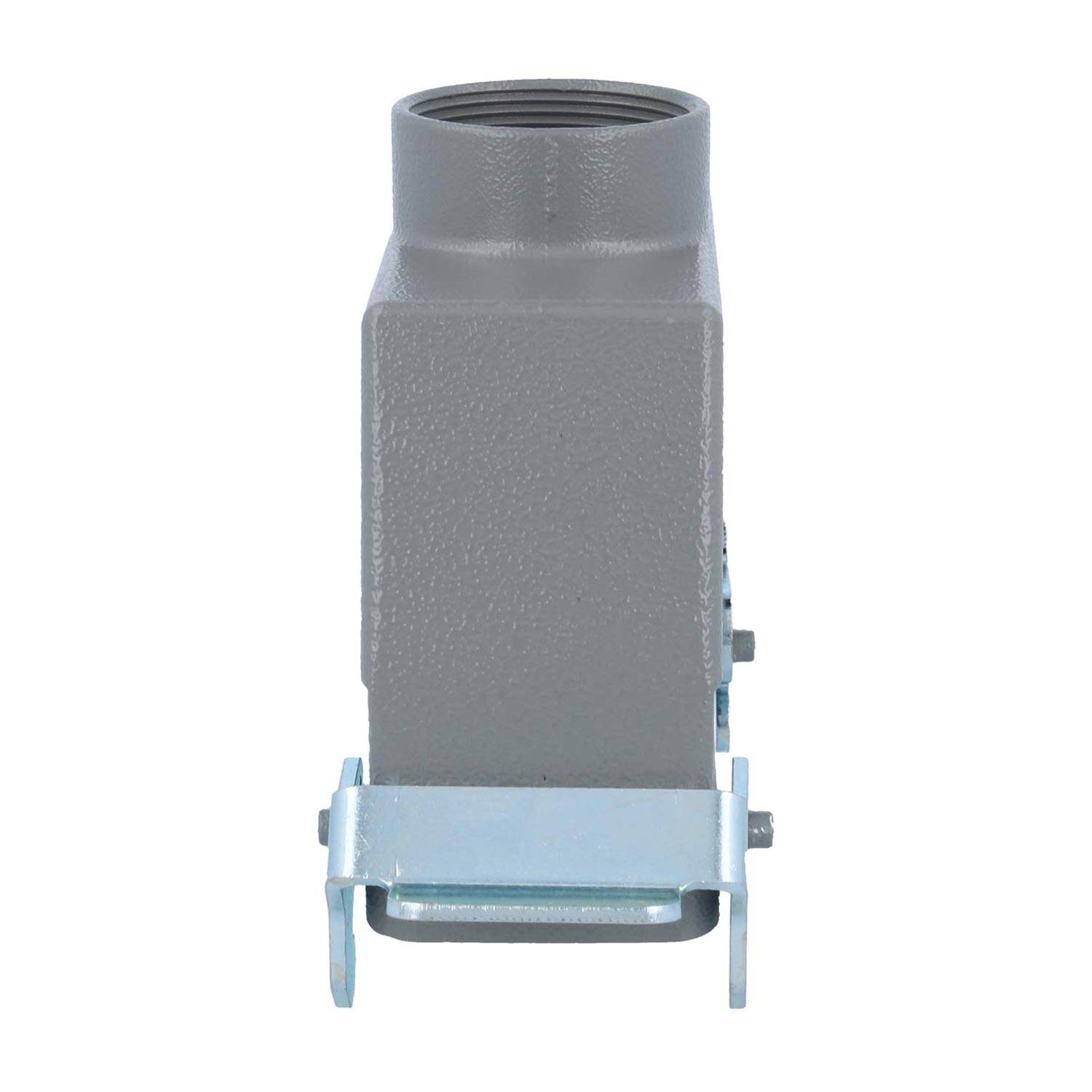 Ein graues industrielles Steckverbindergehäuse mit einem metallischen Verschluss wird von der Frontansicht gezeigt, wobei seine rechteckige Form und der gewindete Oberteil hervorgehoben werden.