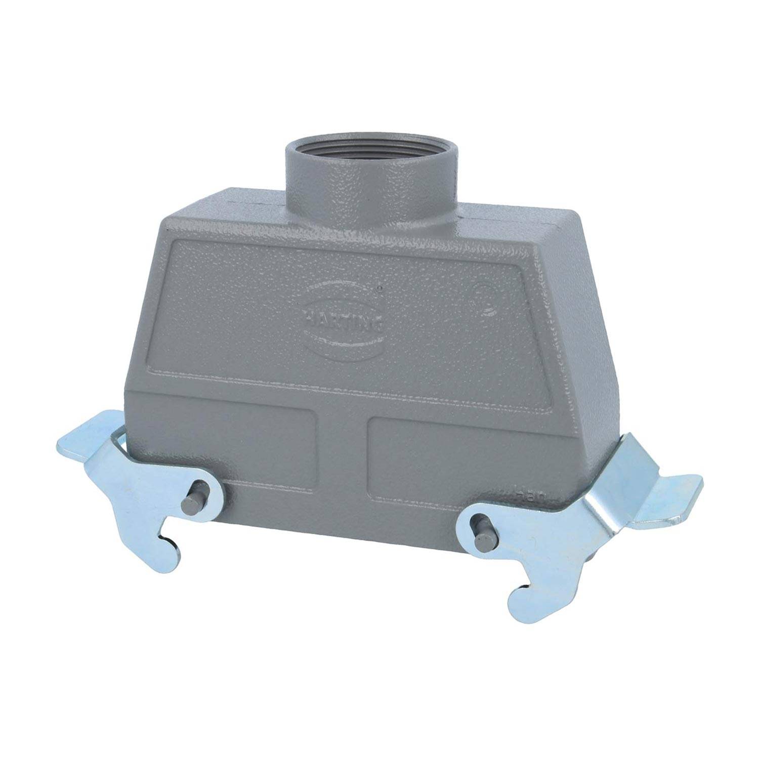 Elektrische Anschlussgehäuse, rechteckig und grau, mit zwei Metalllaschen an den Seiten zum Sichern, geeignet für industrielle Anwendungen.