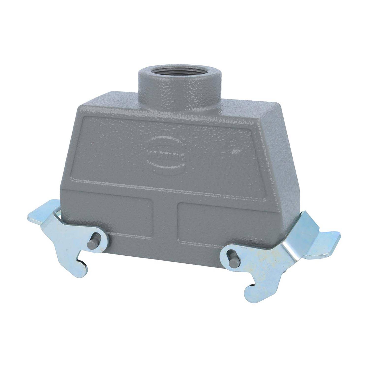 Ein grauer industrieller Anschlussgehäuse mit zwei Metallverriegelungen an den Seiten, verwendet zum Sichern von Kabelverbindungen in Maschinen oder Ausrüstungen.