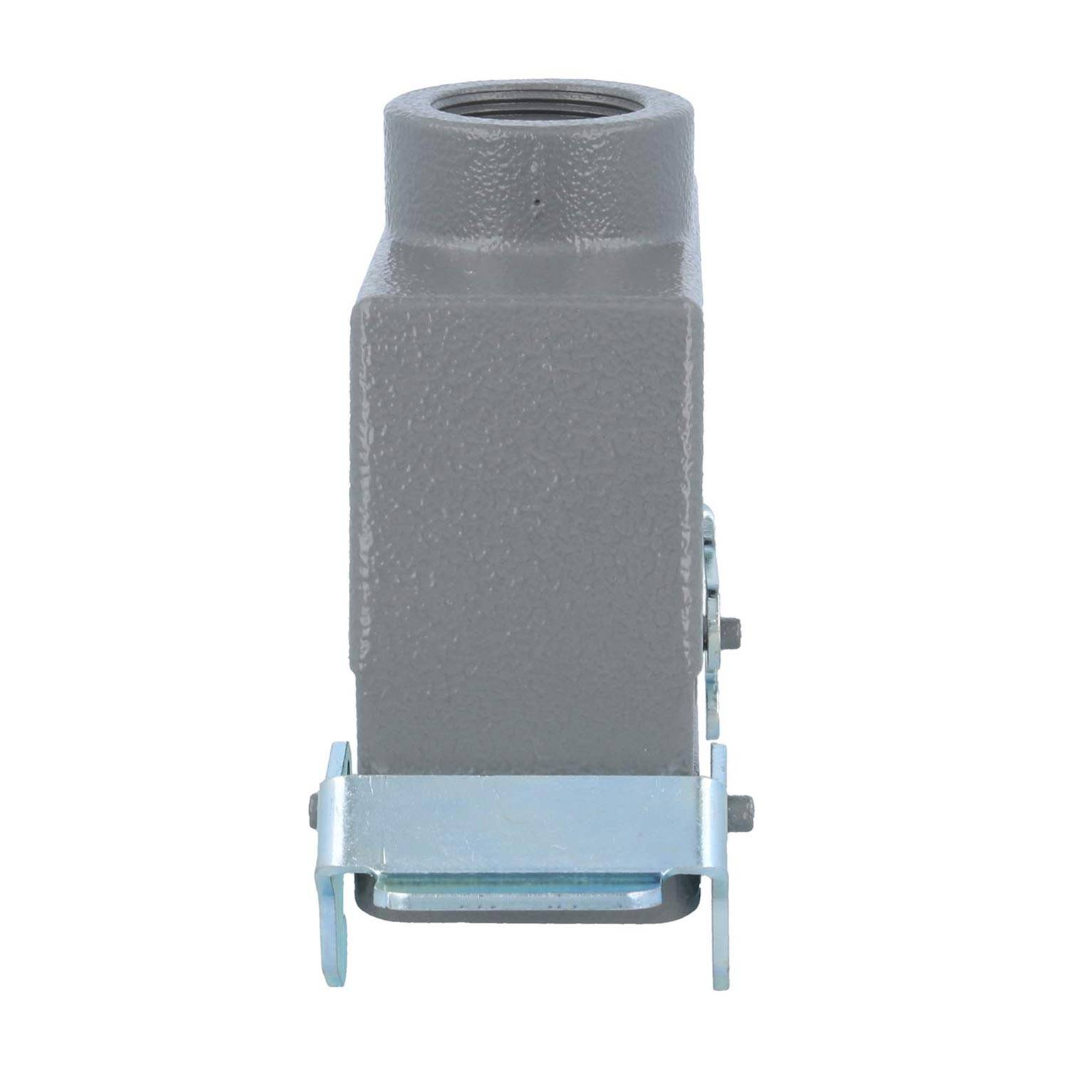 Nahaufnahme eines grauen Metall-Rechteckverbinders mit Clips an jeder Seite zum sicheren Verriegeln, der in industriellen elektrischen Baugruppen verwendet wird.