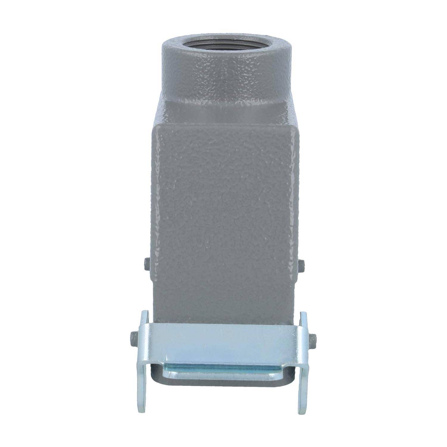 Ein grau metallfarbenes industrielles Verbindungsgehäuse mit rechteckiger Form und seitlichen Verriegelungen, entwickelt für sichere elektrische Verbindungen.