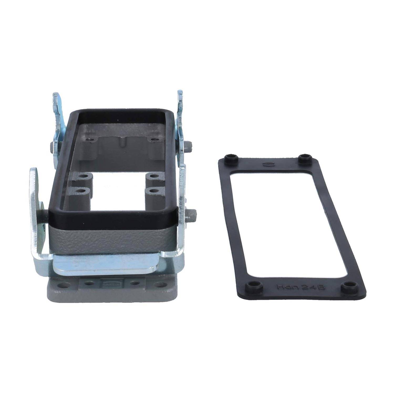 Eine Wandmontage-Halterung aus Metall und Kunststoff, dargestellt mit einer abnehmbaren rechteckigen Dichtung zur Montage und Abdichtung.