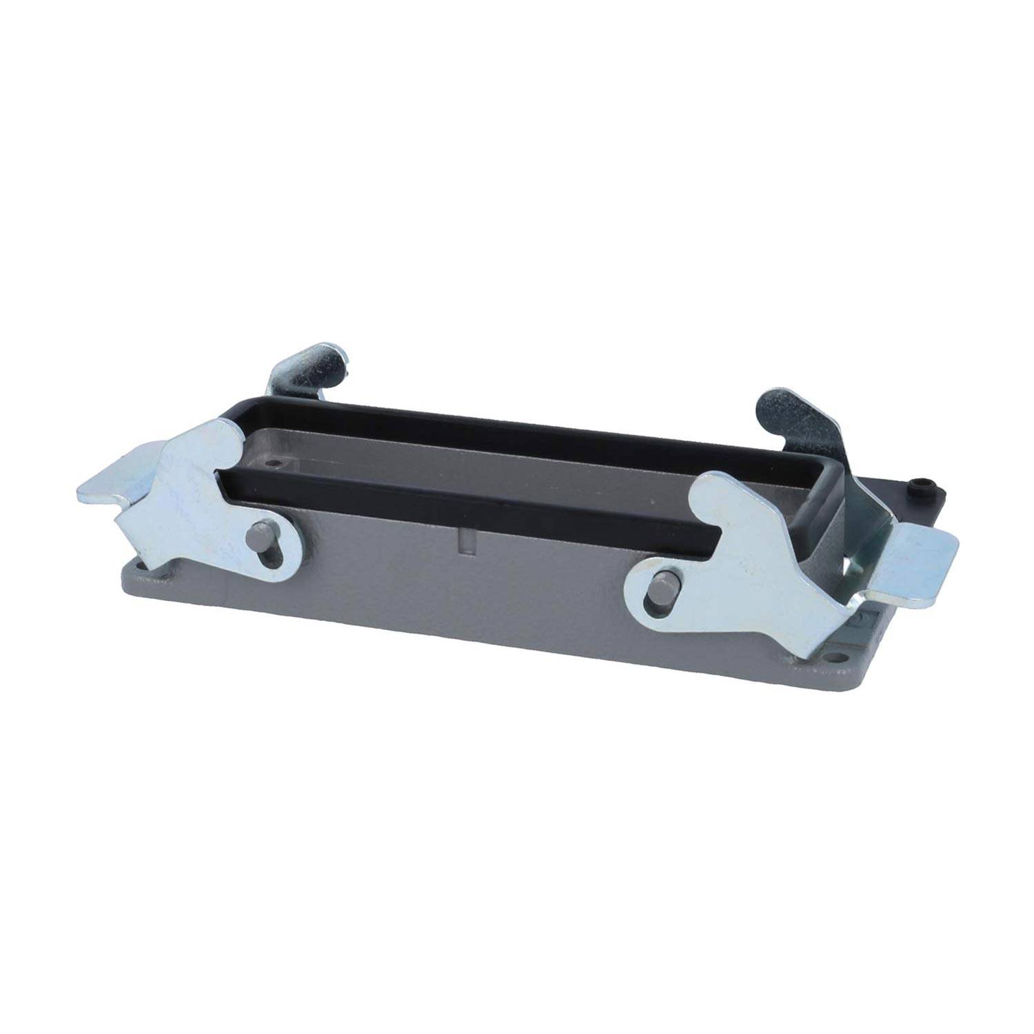 Ein Anschlussgehäuse aus Metall und Kunststoff, entwickelt zum Befestigen von Komponenten, mit Verriegelungsmechanismen an beiden Seiten zur Kabelanbindung.
