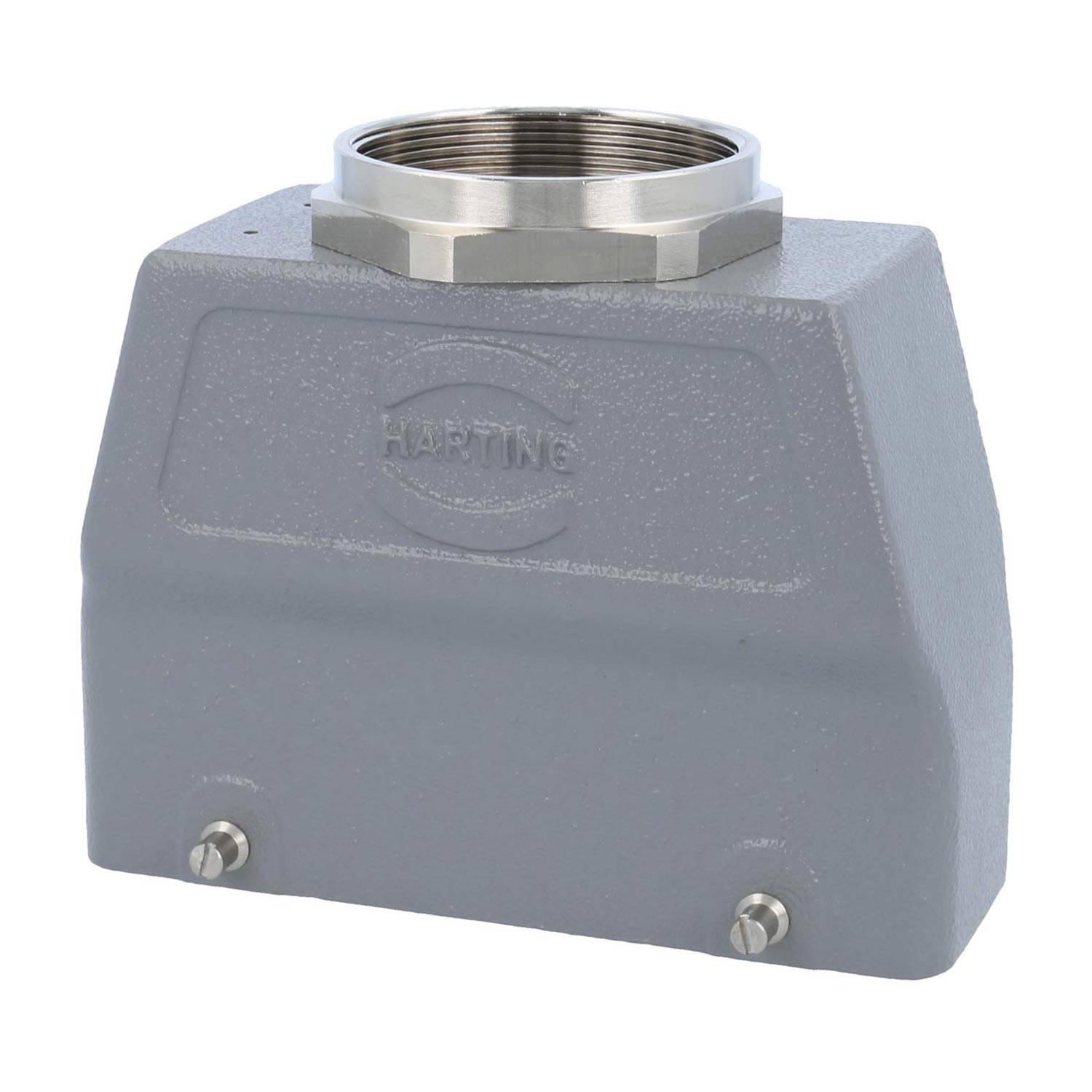 Silbernes rechteckiges industrielles Anschlussgehäuse mit eingeprägtem 'HARTING'-Logo an seiner Seite. Die Oberseite verfügt über einen verschraubten Metallring.