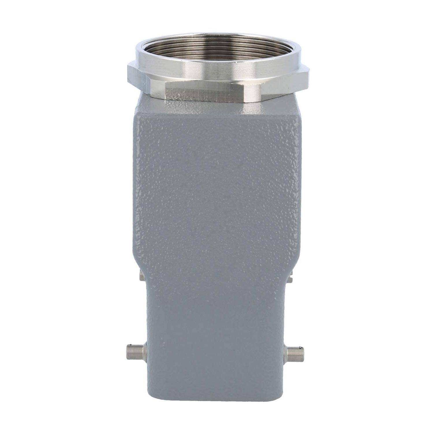 Eine metallische Industrierohrverbindung mit einem rechteckigen grauen Gehäuse und einer Gewindeanschluss an der Oberseite, entwickelt zum Verbinden von Rohrleitungen.