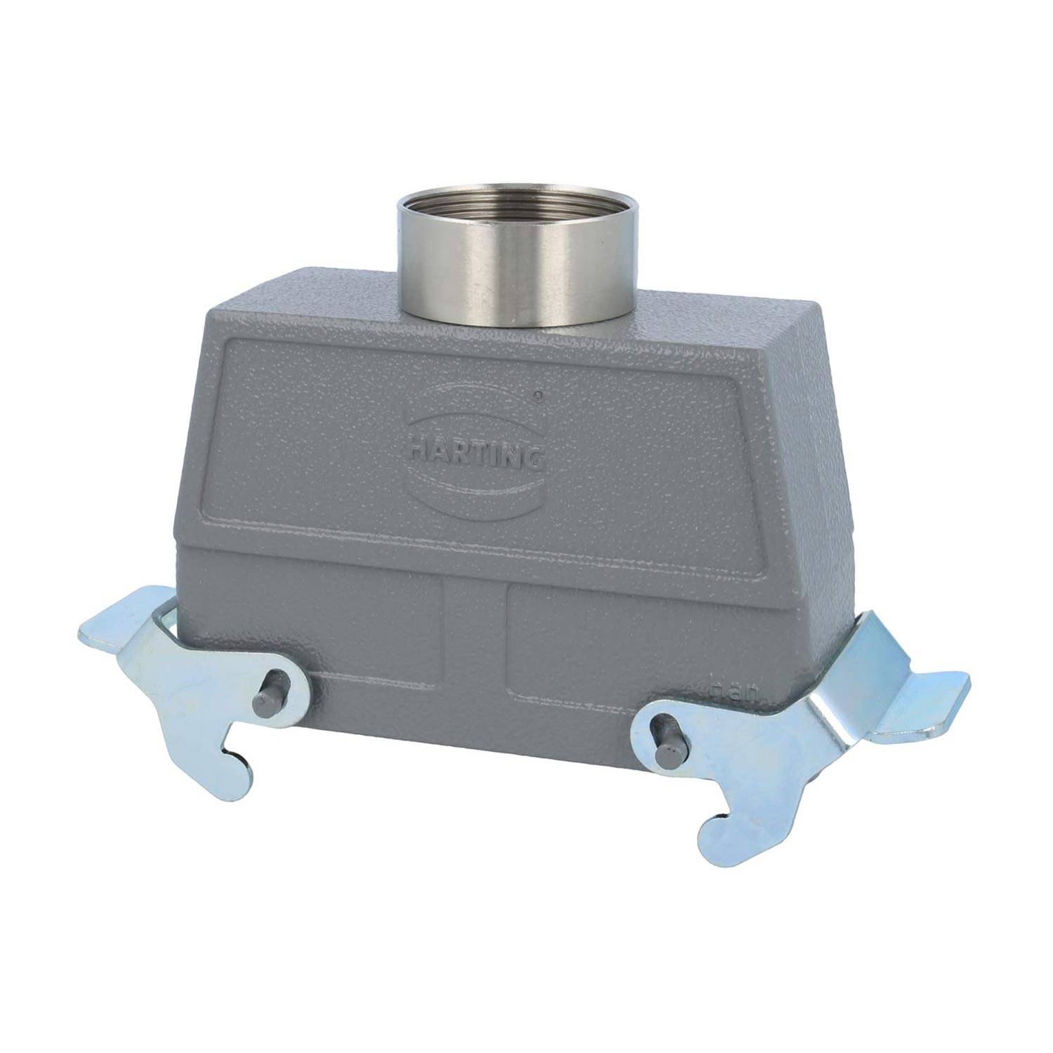 Ein rechteckiges, graues HARTING Industriesteckverbinder-Gehäuse mit Metallverriegelungen an den Seiten und einer kreisförmigen Öffnung an der Oberseite für Kabeleinführung.