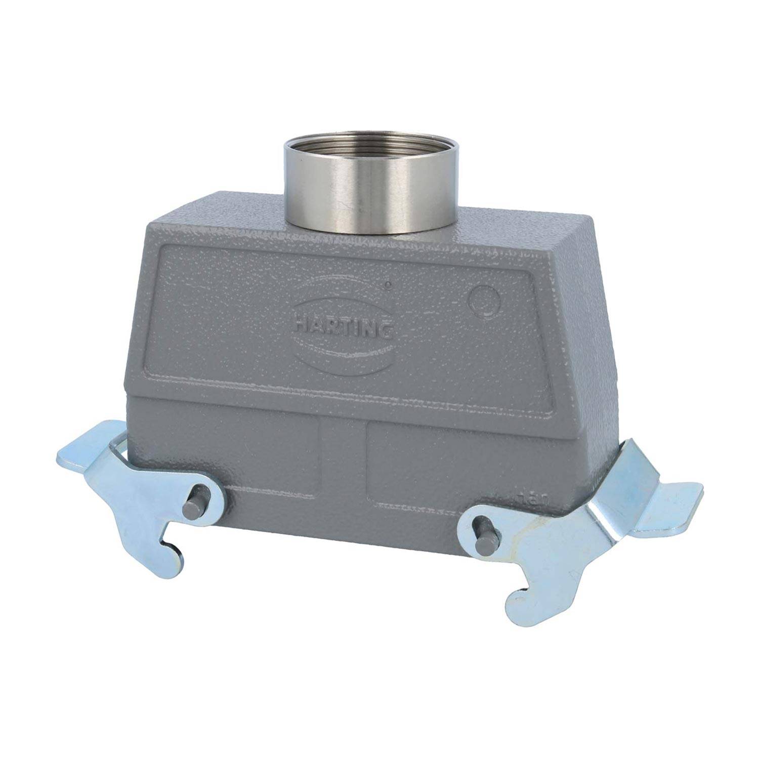 Ein rechteckiges, graues Harting Industriesteckverbinder-Gehäuse mit zwei Verriegelungen an den Seiten, verwendet für elektrische Verbindungen.