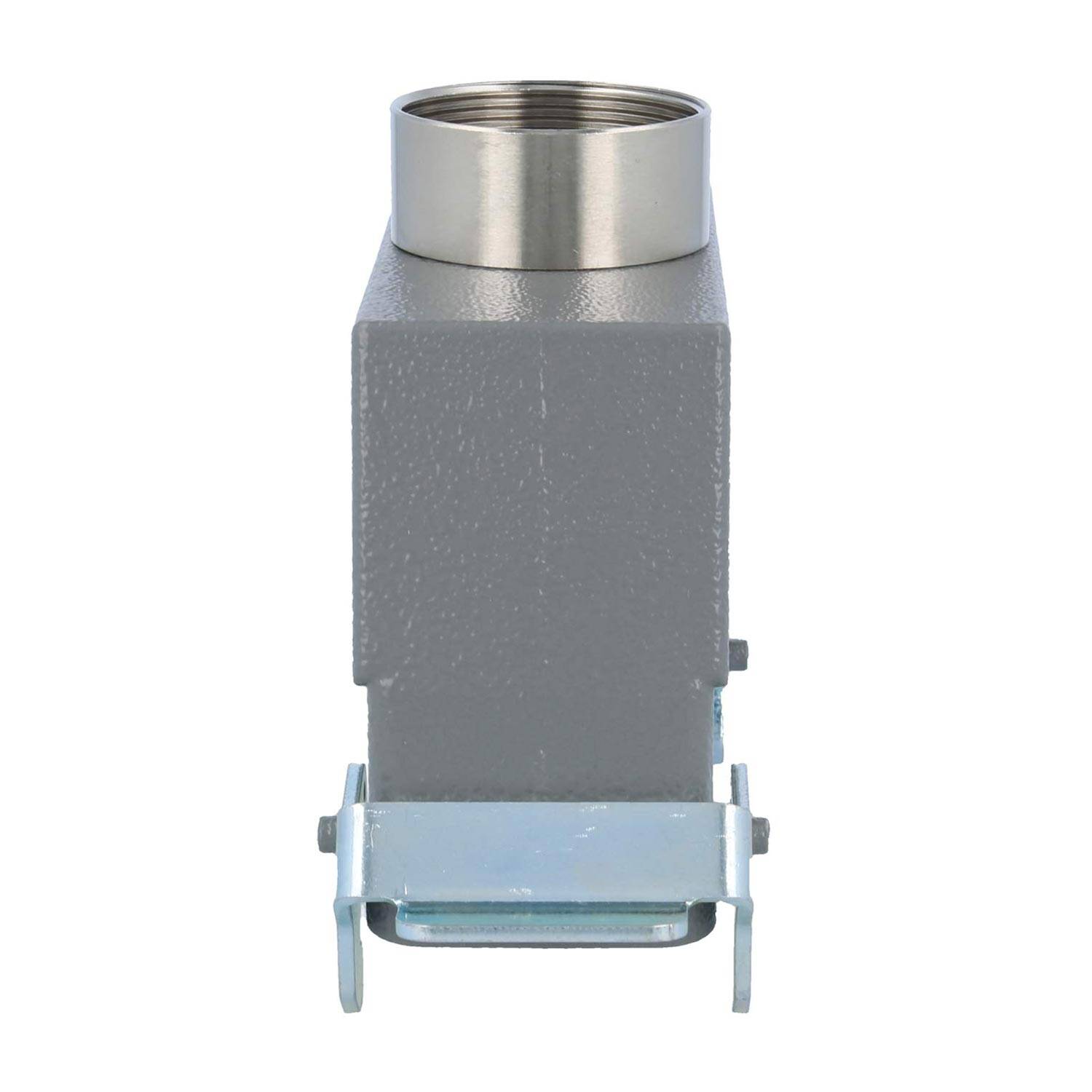 Ein robustes industrielles Anschlussgehäuse in Grau mit einem metallischen Verschließsystem und einer verschraubbaren metalischen Öffnung an der Oberseite, geeignet für sichere Verbindungen.