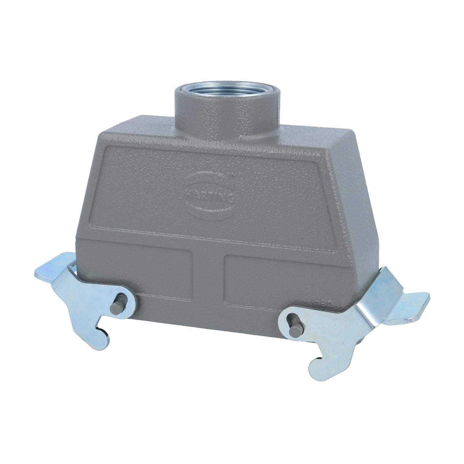 Ein grau-industrielles Steckverbindergehäuse mit Verriegelungshebeln an beiden Seiten und oberer Gewindebohrung für Verdrahtung oder Befestigung.