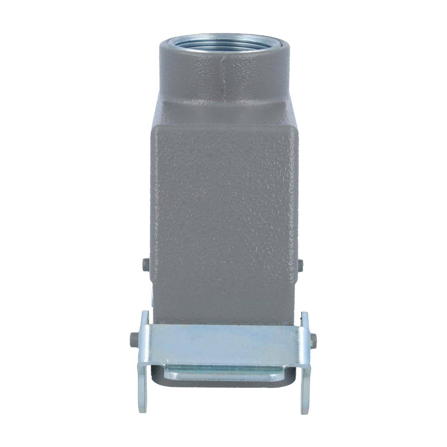 Ein grau-industrielles Verbindungsgehäuse mit einer Metallbasis und sichtbaren Schraublöchern an den Seiten, verwendet zur Sicherung elektrischer Verbindungen.