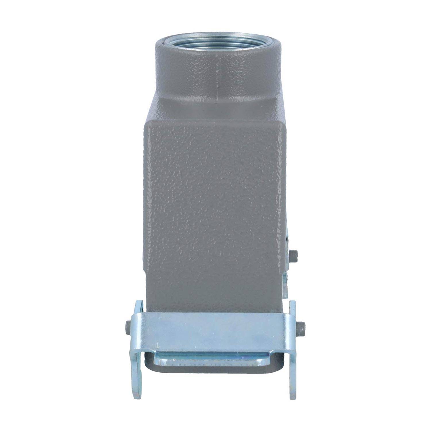 Ein grau-industrielles Verbindungsgehäuse mit einer gewindeten Öffnung oben und einer metallischen Basis mit seitlichen Befestigungsklammern.