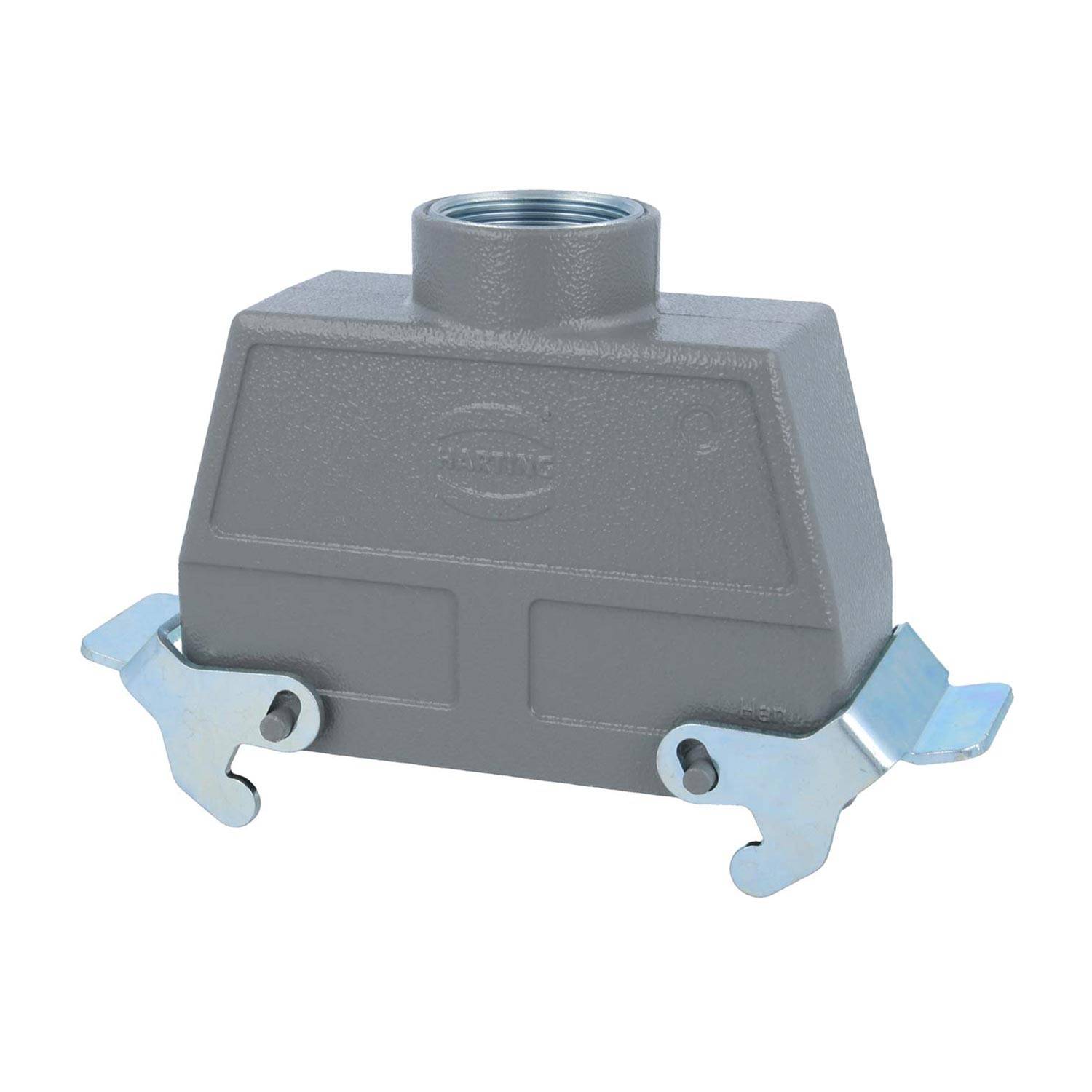 Ein rechteckiges graues elektrisches Anschlussgehäuse mit Metallverriegelungen an beiden Seiten. Das Logo 'HARTING' ist auf der Vorderseite eingeprägt.