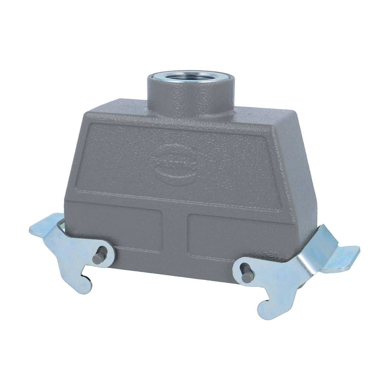 Rechteckiges graues Metallverbindungsgehäuse mit einer kreisförmigen Gewindebohrung am oberen Ende und zwei Metallverriegelungen an den Seiten.