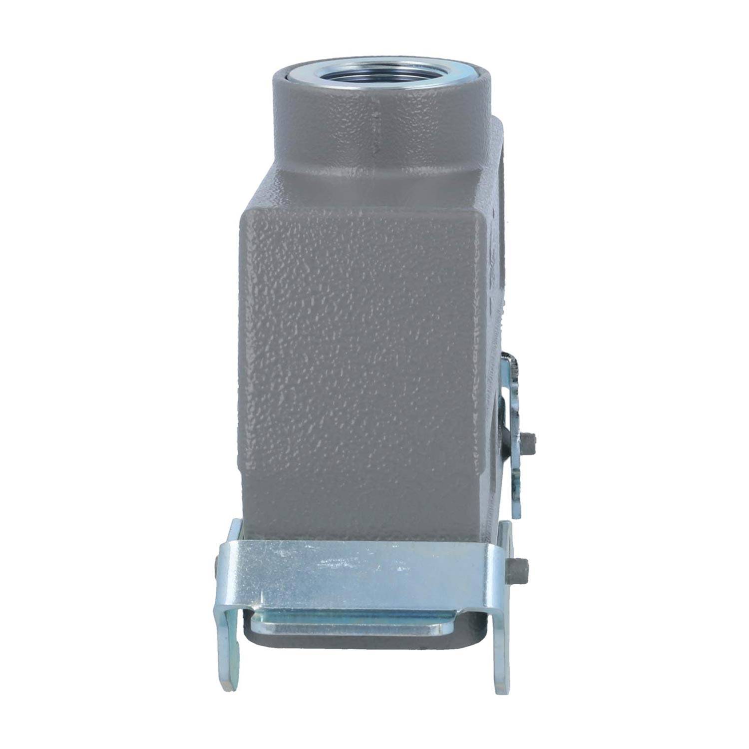 Eine graue rechteckige industrielle Komponente mit Metallhalterung und gewindeter Oberöffnung, die für elektrische oder mechanische Verbindungen verwendet wird.