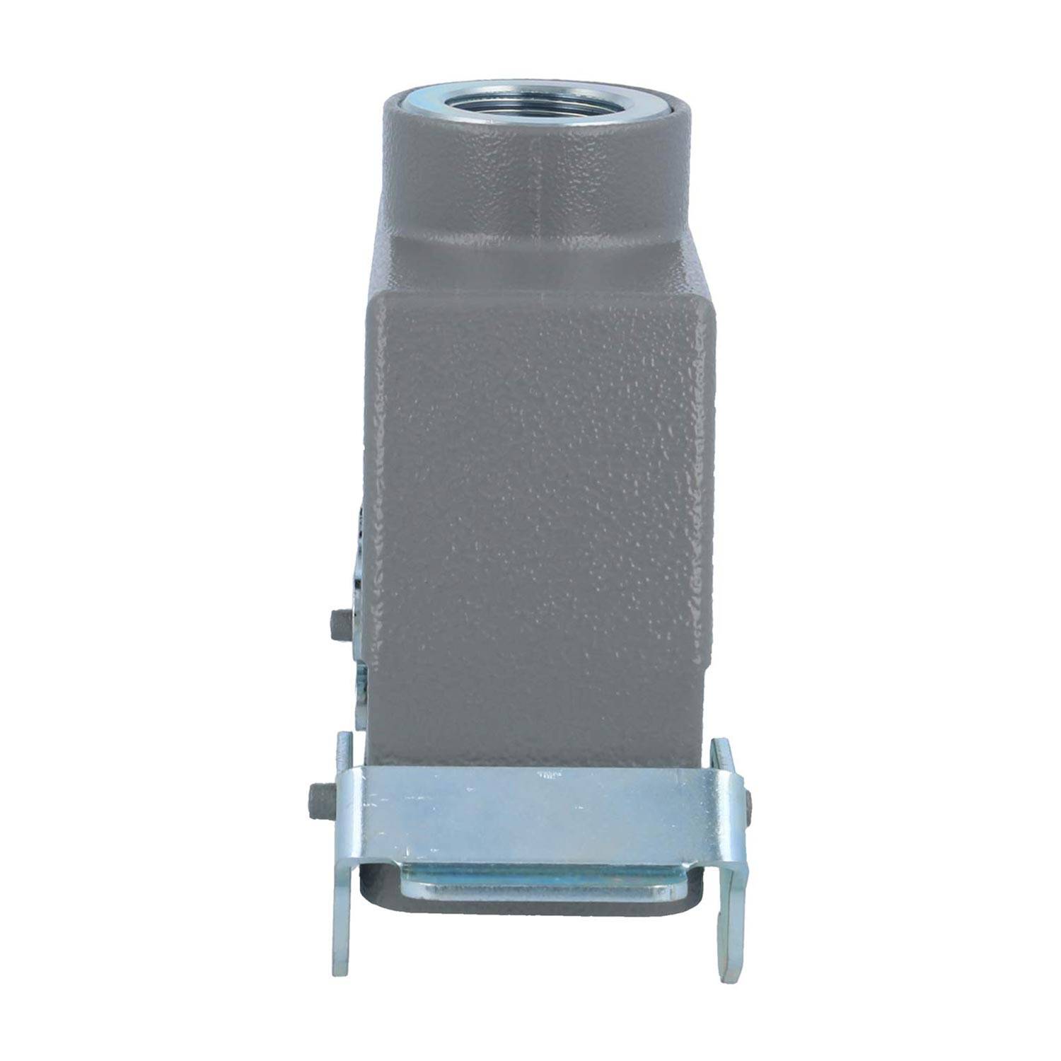 Ein grau-industrielles elektrisches Anschlussgehäuse mit einem Metallbefestigungsbügel, von vorne betrachtet.