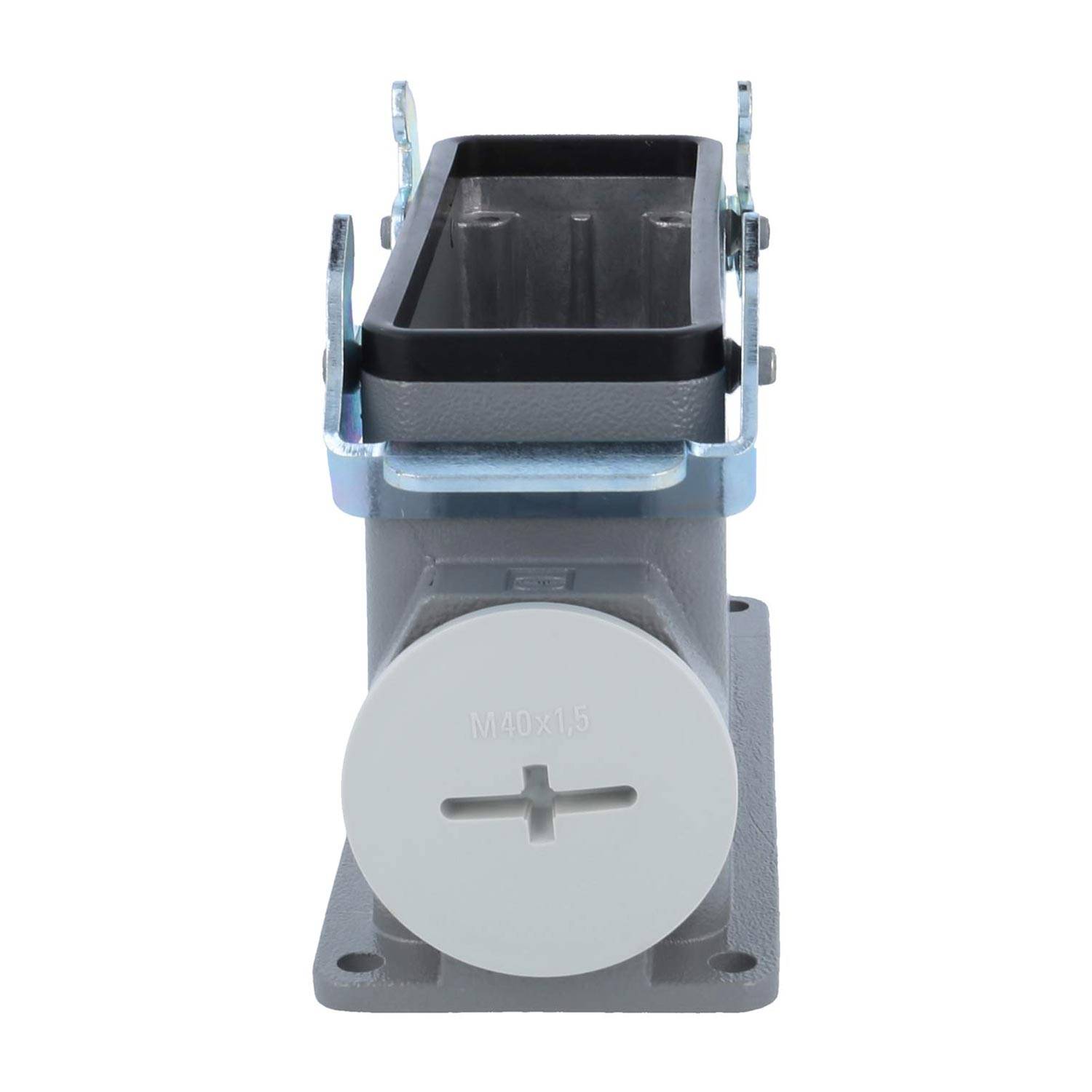 Eine Metallklemme mit einer grauen zylindrischen Basis und einem weißen Deckel, entwickelt für Befestigungs- und Stützanwendungen.