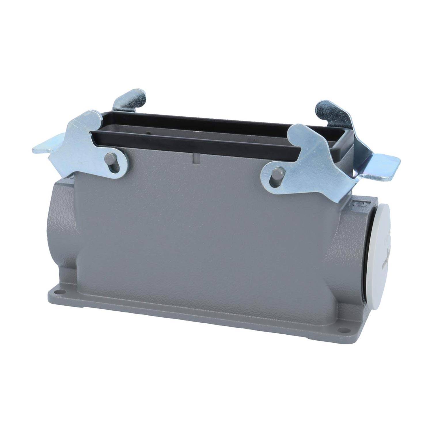 Ein grauer rechteckiger industrieller Anschlussgehäuse mit zwei Metallverriegelungen an beiden Seiten wird gezeigt.