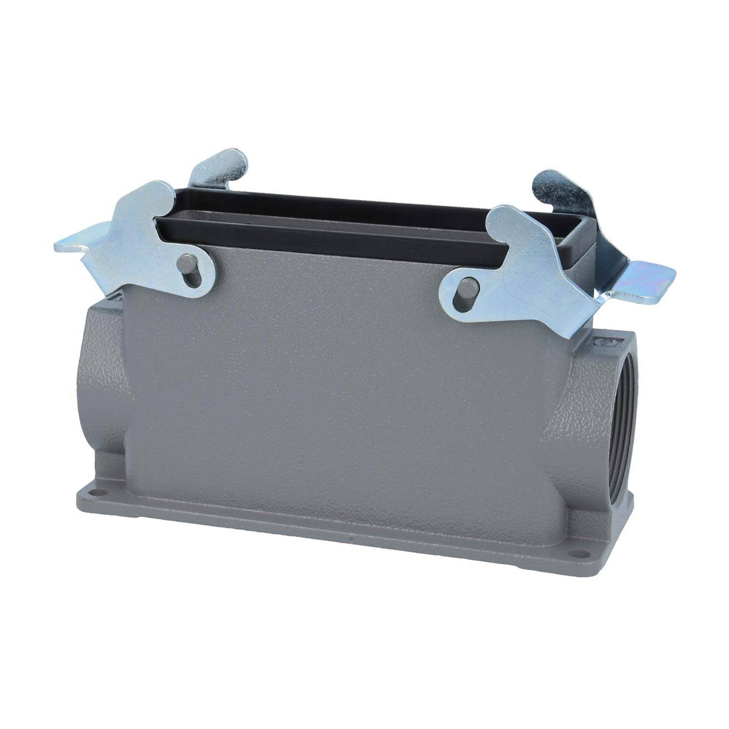 Ein rechteckiges Metallverbindergehäuse mit zwei Verriegelungsclips an den Seiten, entwickelt für industrielle oder elektrische Anwendungen.