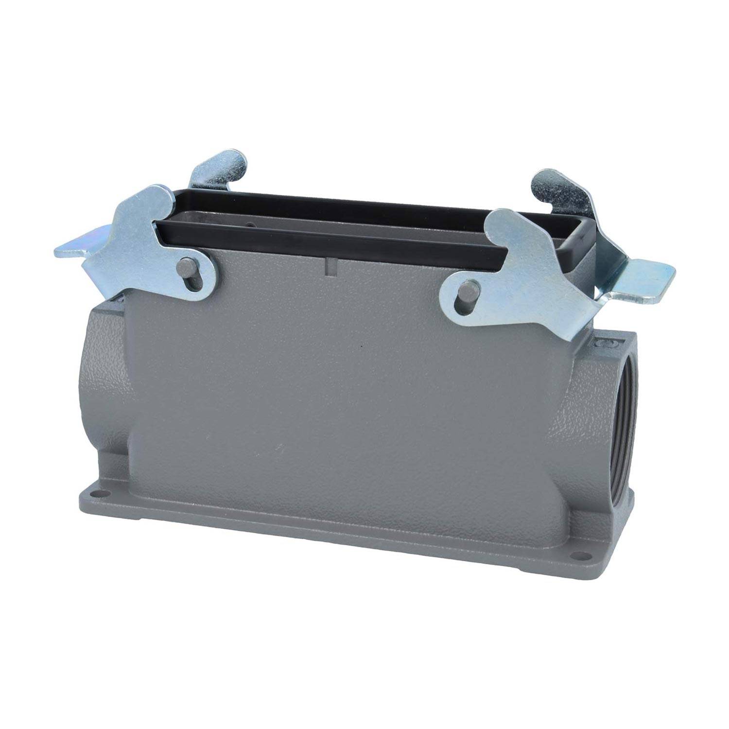 Ein rechteckiges graues industrielles Anschlussgehäuse mit abgewinkelten Verriegelungshebeln und Gewindedurchführungen für elektrische Verbindungen.