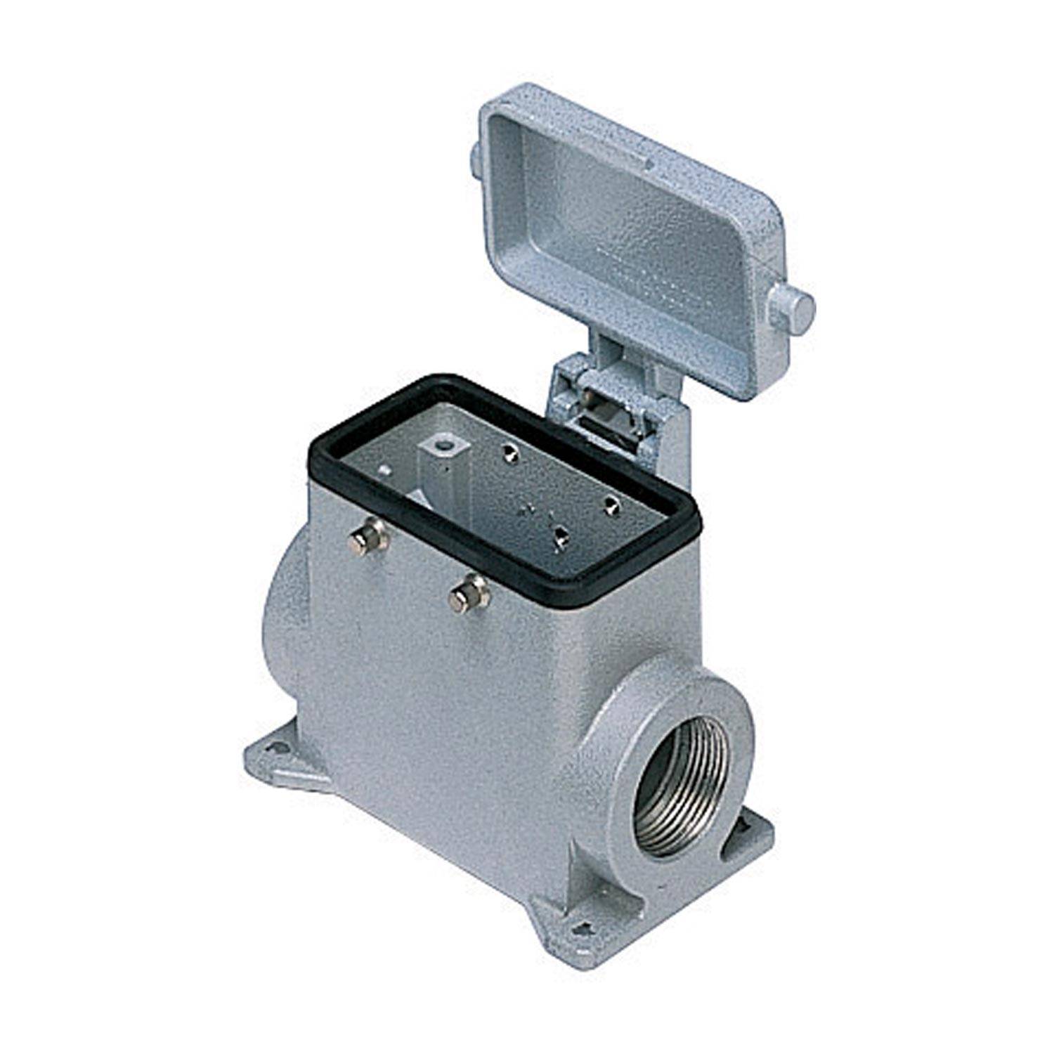 Eine industrielle elektrische Verteilerdose mit geöffnetem Deckel, die einen rechteckigen Eingabe-/Ausgabebereich und zwei gewindete Seitenöffnungen für Kabelanschlüsse zeigt.