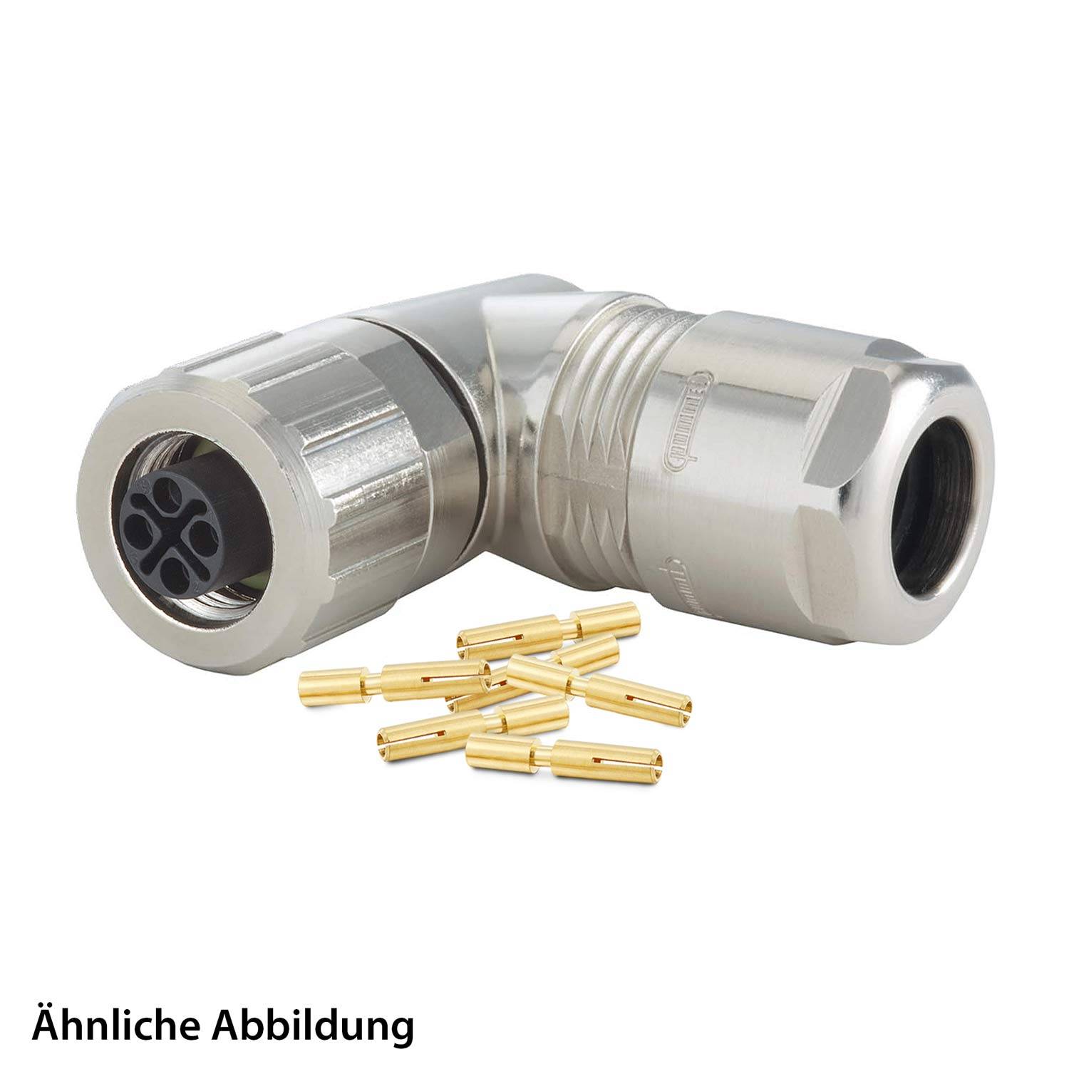Ein metallischer, abgewinkelter industrieller Anschluss mit mehreren Pins, auf einem weißen Hintergrund dargestellt, mit der Beschriftung 'Ähnliche Abbildung'.