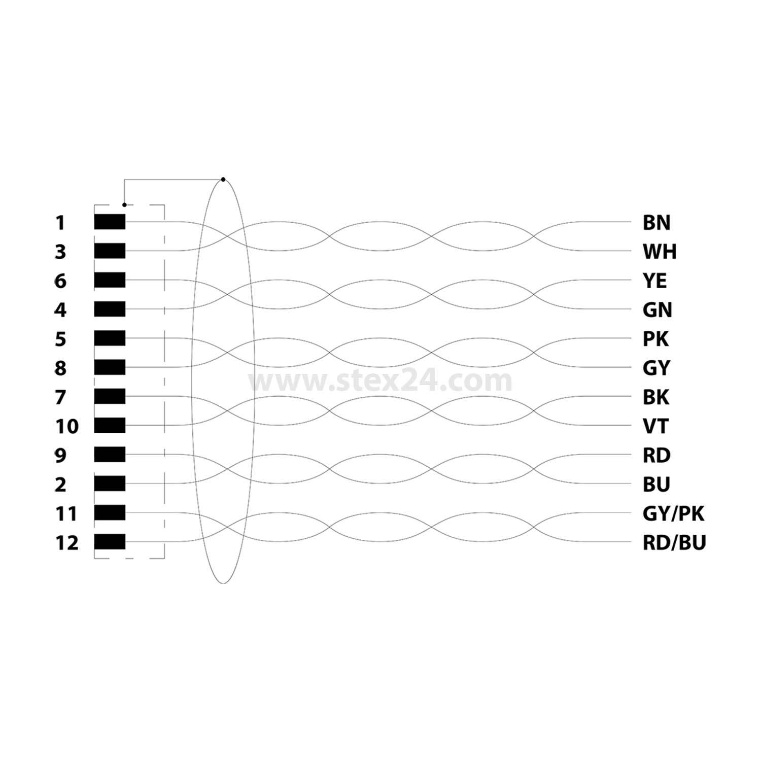 Diagramm einer farbcodierten Kabelverbindung. Jeder nummerierte Draht wird mit einer einzigartigen Farbbezeichnung wie BN, WH, YE dargestellt.