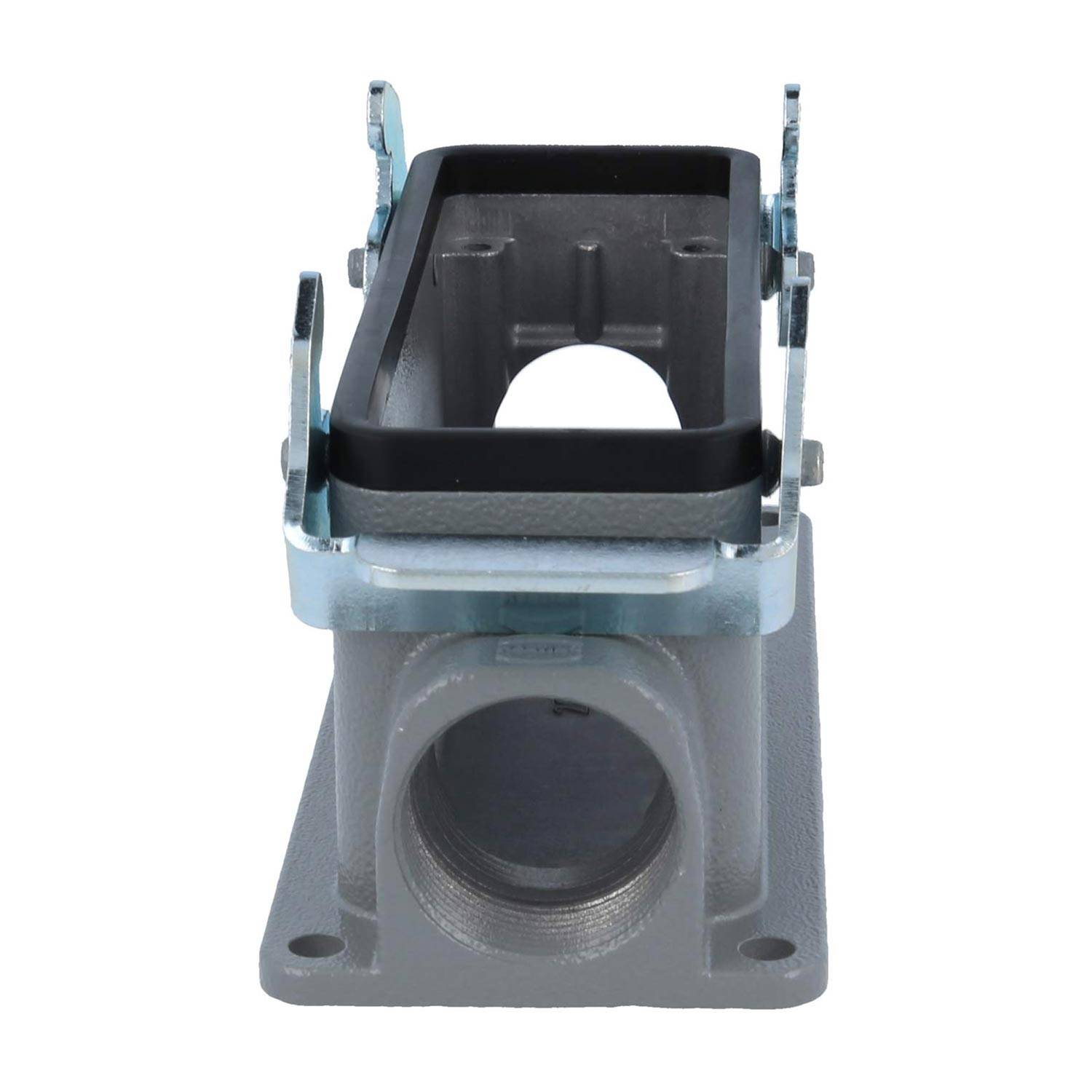 Metallbefestigungshalterung mit einem offenen rechteckigen Rahmen und kreisförmiger Basis, verwendet zum Halten oder Sichern von Komponenten an ihrem Platz.