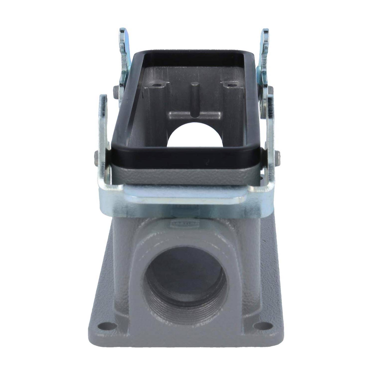 Rechteckiges graues Metallgehäuse für industrielle Anschlüsse mit Montagebügeln und einem kreisförmigen Kabeleintritt am Boden.