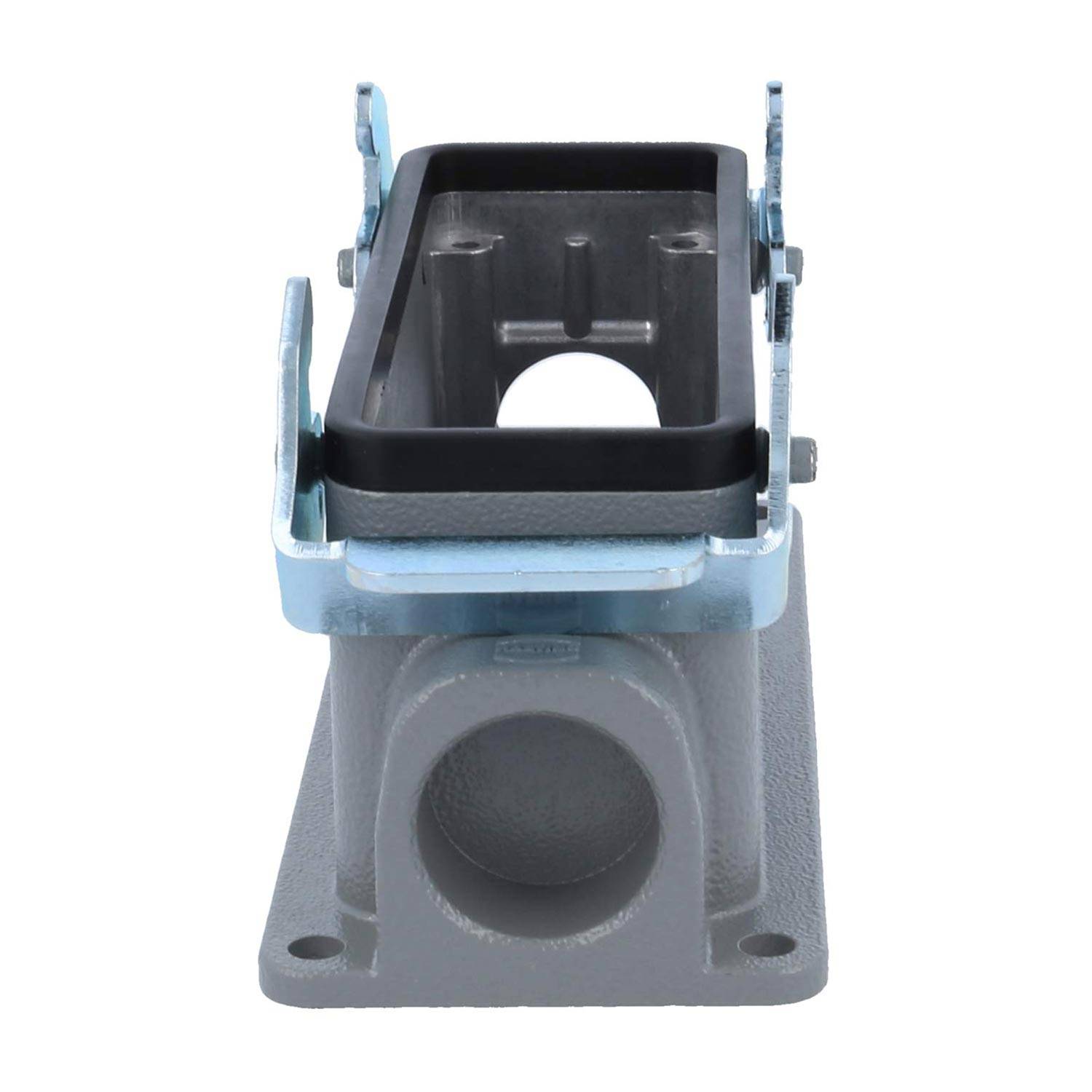 Eine Metallkomponente der Industrie mit einem rechteckigen Rahmen auf einer zylindrischen Basis, die zur strukturellen Unterstützung oder Ausrichtung verwendet wird.